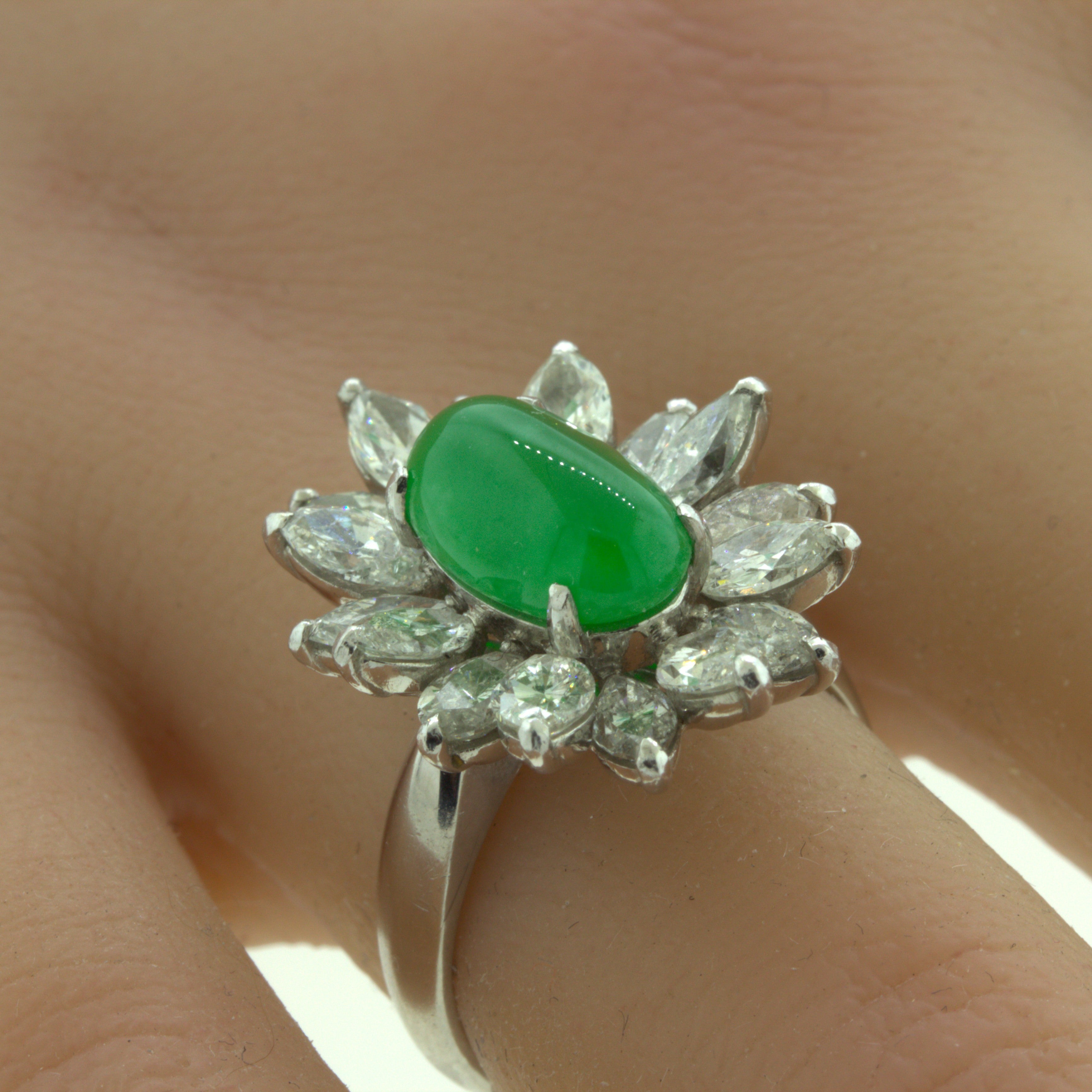 4.13 Carat Jadeite Jade Diamond Sunburst Platinum Ring, GIA Certified “Type A”