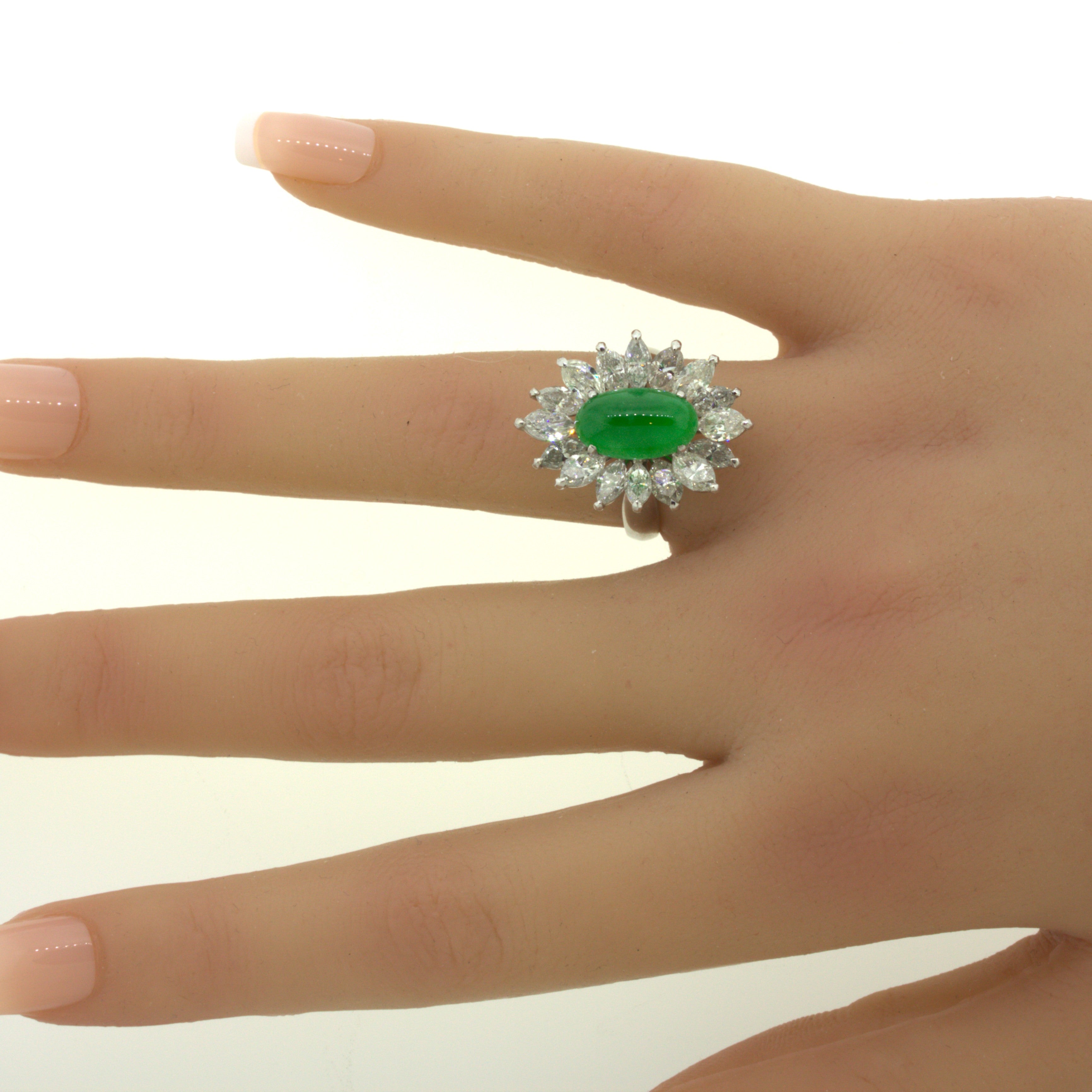 4.13 Carat Jadeite Jade Diamond Sunburst Platinum Ring, GIA Certified “Type A”