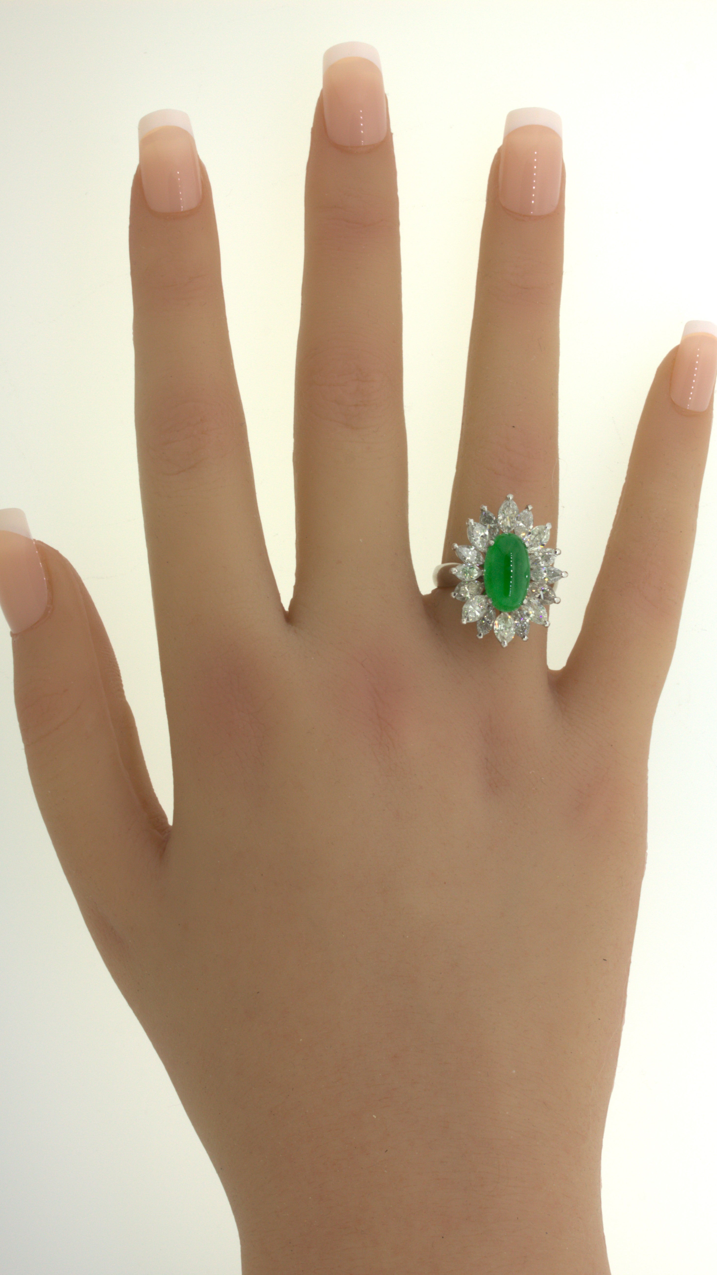 4.13 Carat Jadeite Jade Diamond Sunburst Platinum Ring, GIA Certified “Type A”