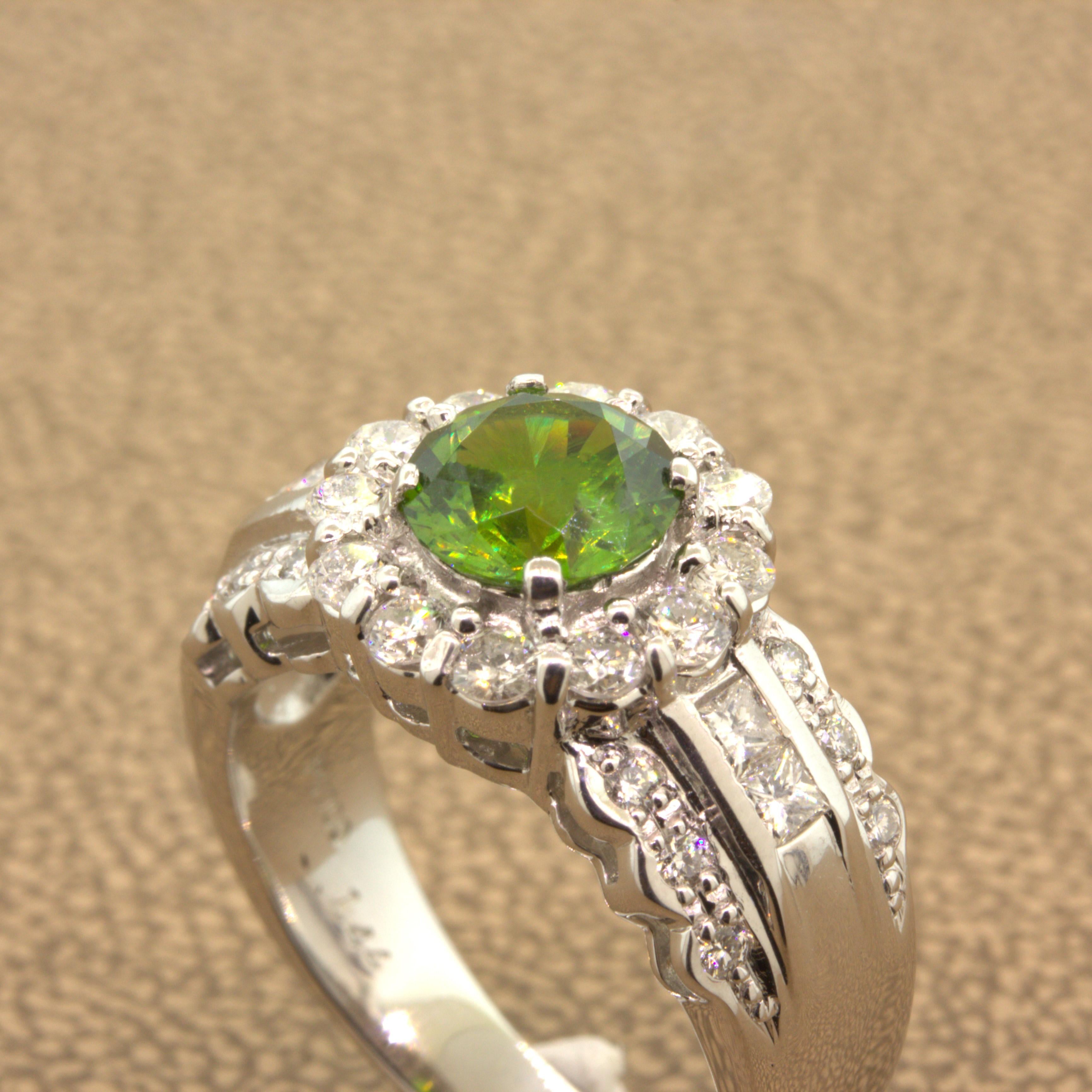 1.44 Carat Russian Demantoid Garnet Diamond Platinum Ring