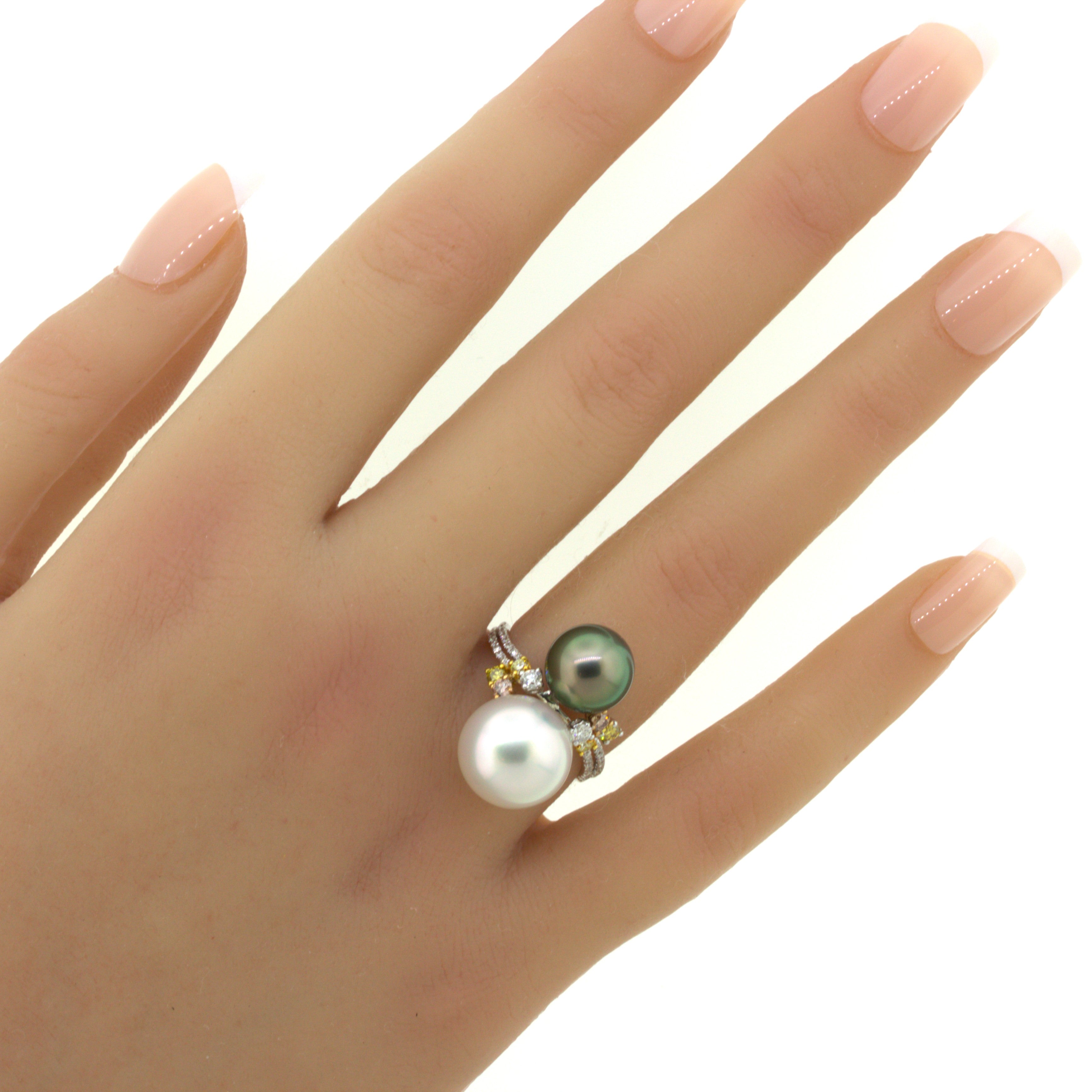 Superb South Sea & Tahitian Pearl Fancy-Color Diamond 18K White Gold Ring