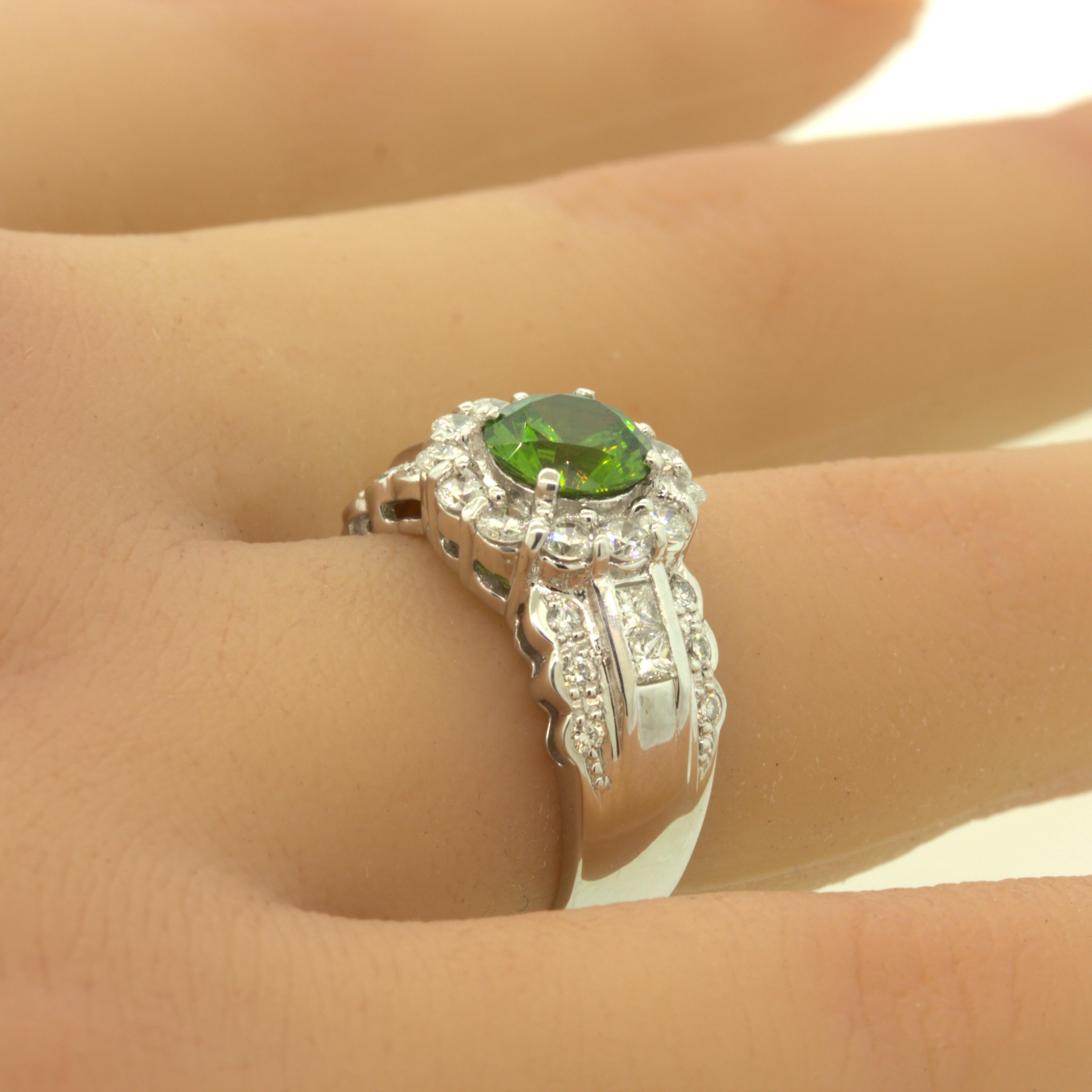 1.44 Carat Russian Demantoid Garnet Diamond Platinum Ring