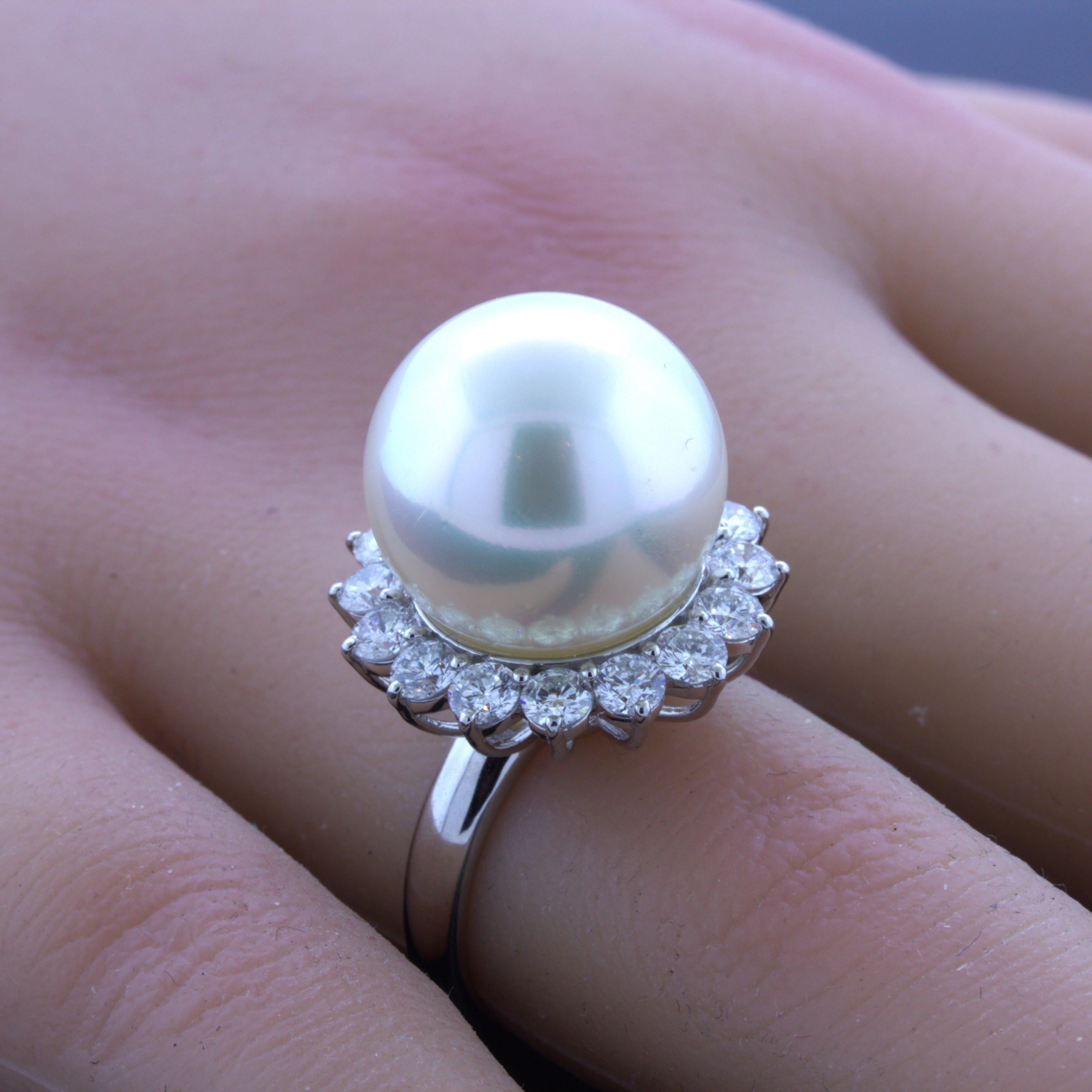 South Sea Pearl Diamond Halo Platinum Ring