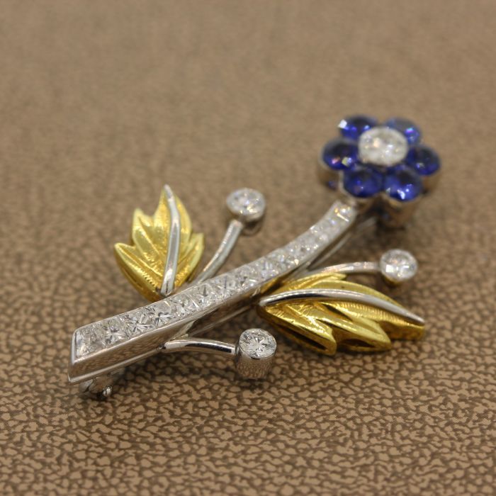 Sapphire Diamond Platinum Gold Flower Brooch