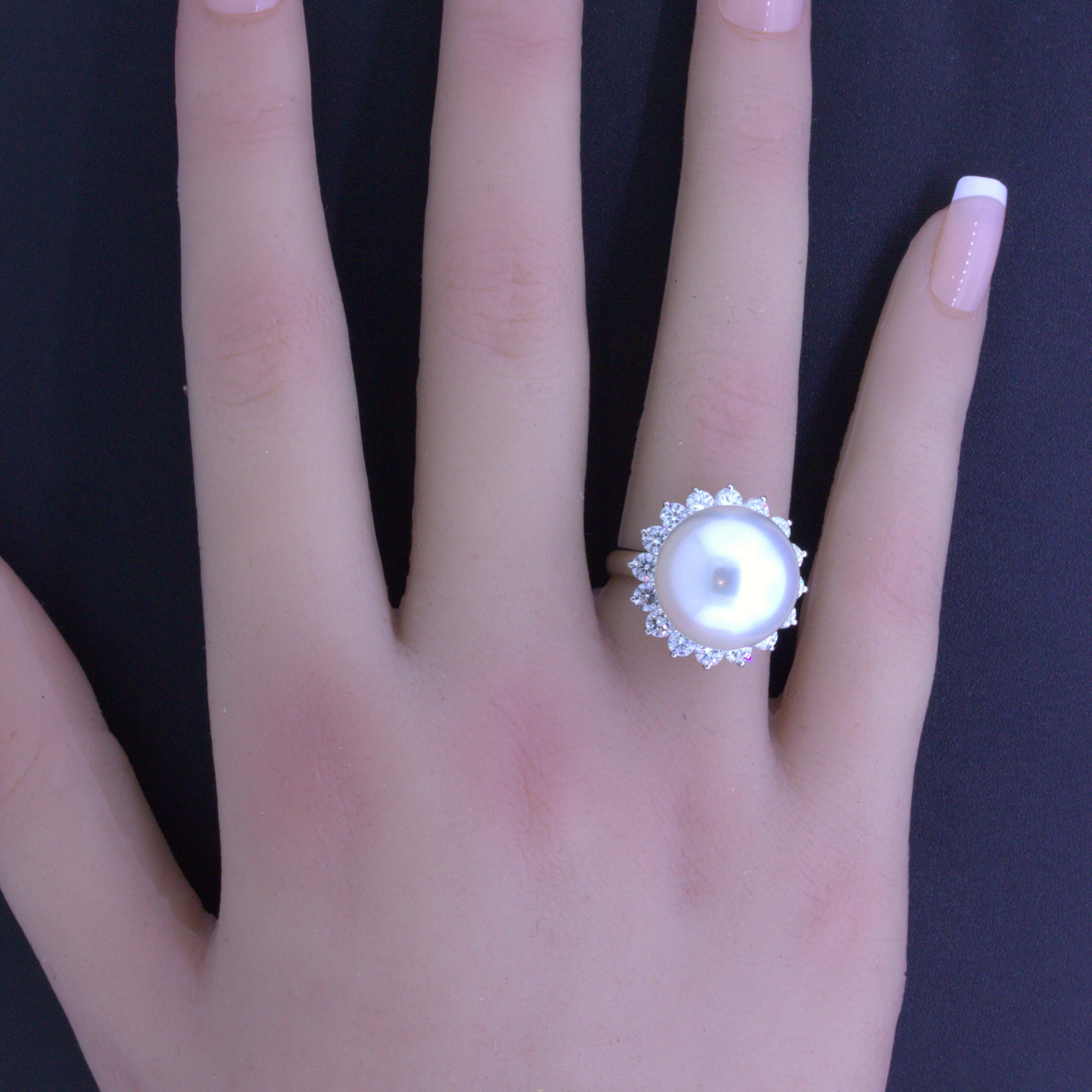 South Sea Pearl Diamond Halo Platinum Ring