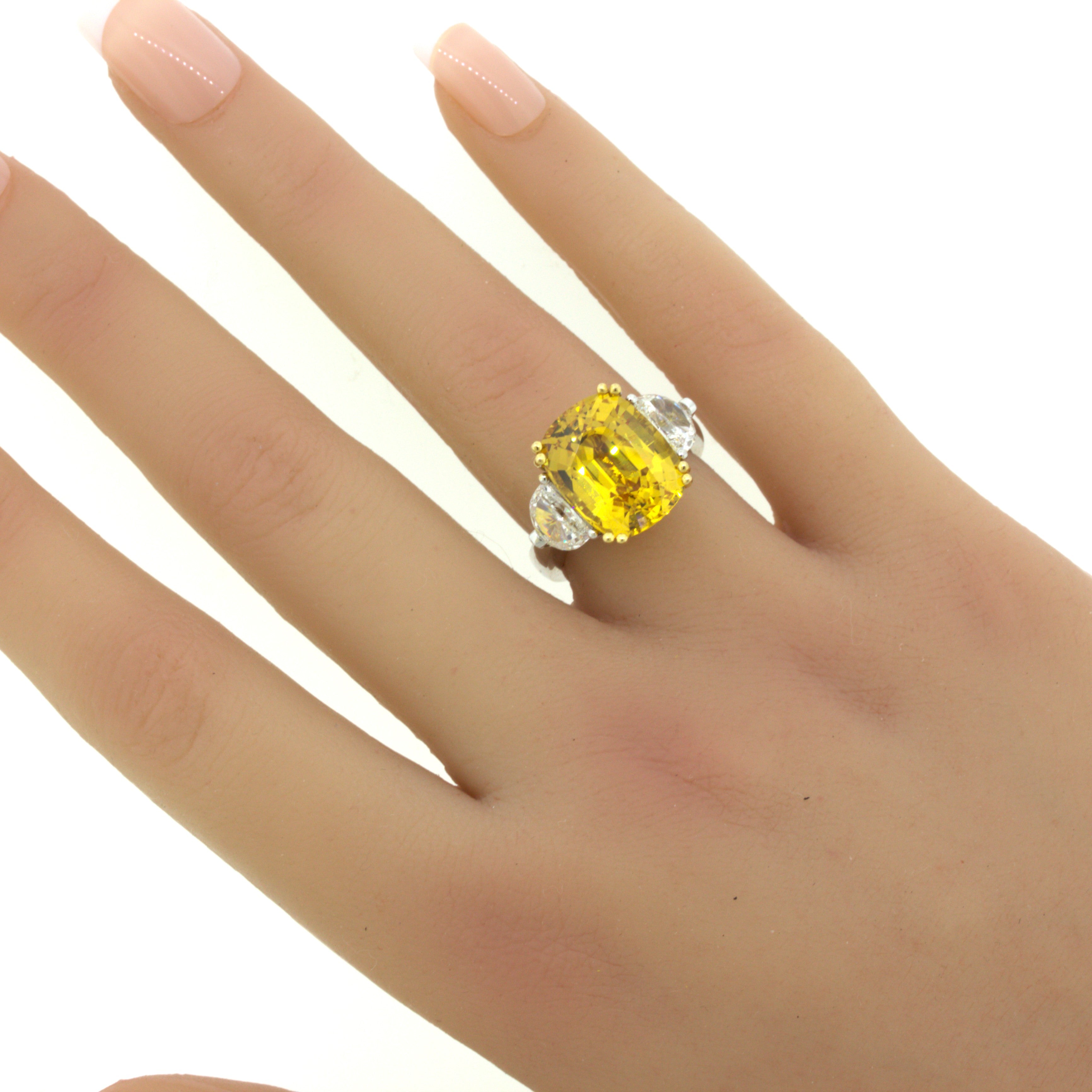 12.35 Carat Fancy Yellow Sapphire Diamond 18K White Gold 3-Stone Ring
