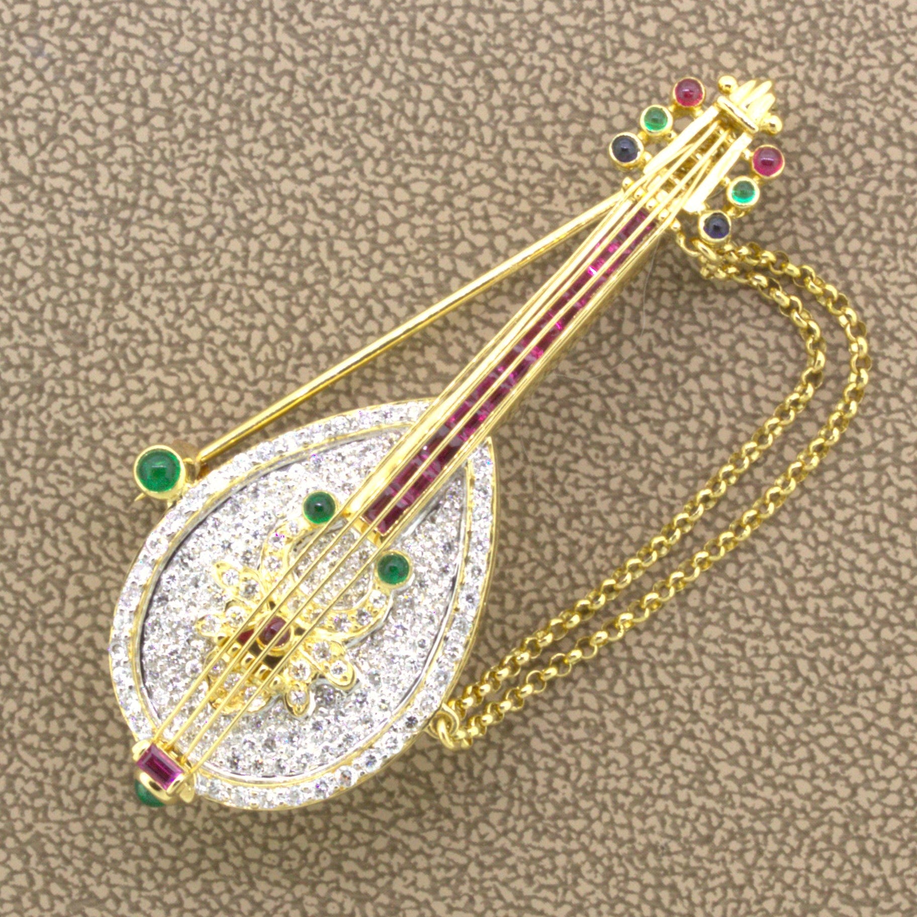 Diamond Ruby Emerald Sapphire 18k Yellow Gold Musical Mandolin Brooch