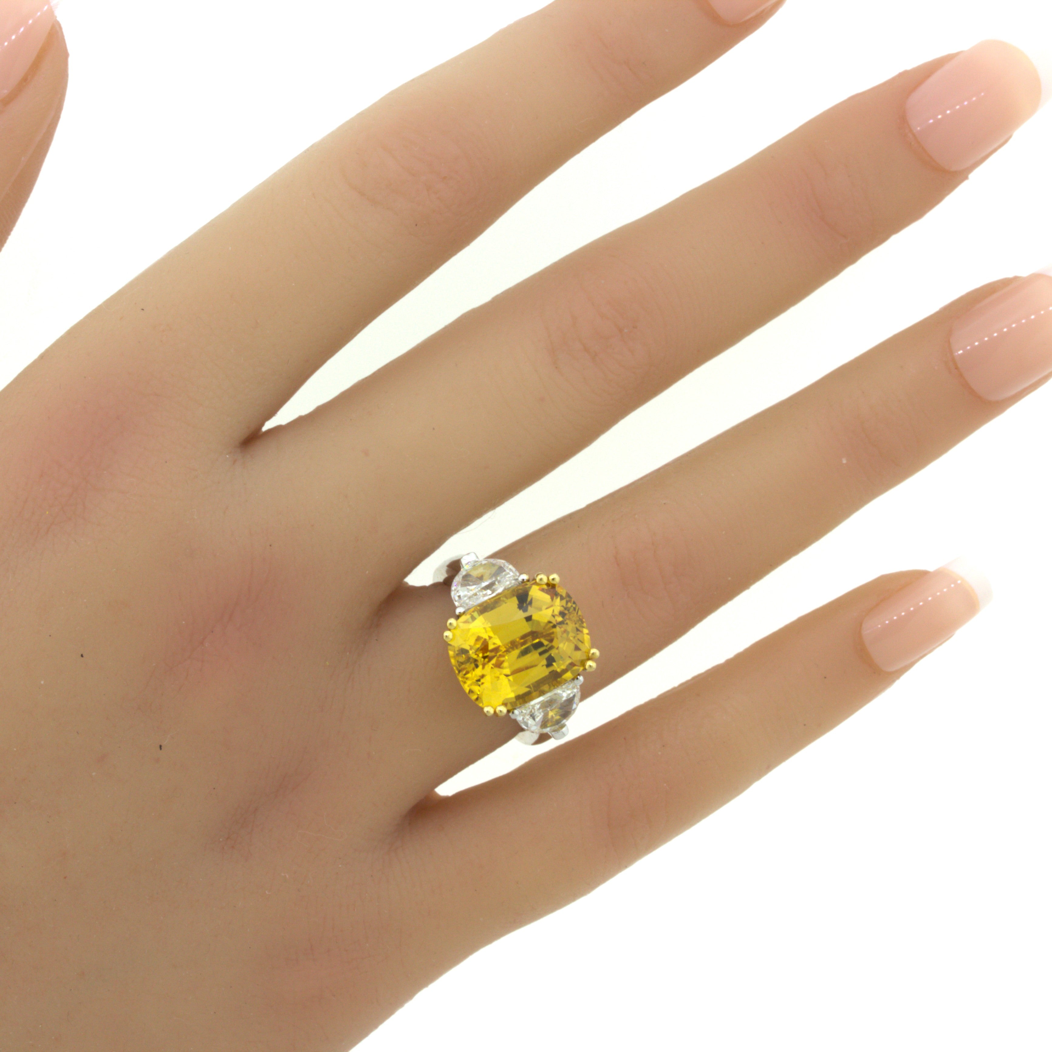 12.35 Carat Fancy Yellow Sapphire Diamond 18K White Gold 3-Stone Ring