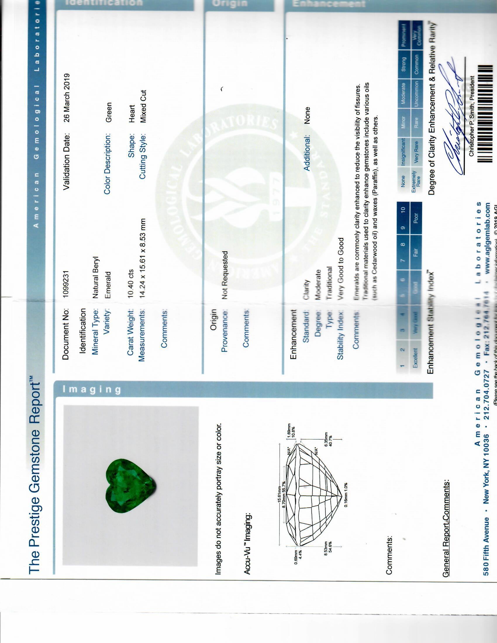 10.40 Carat Colombian Emerald Heart-Shape Diamond Platinum Ring, AGL Certified