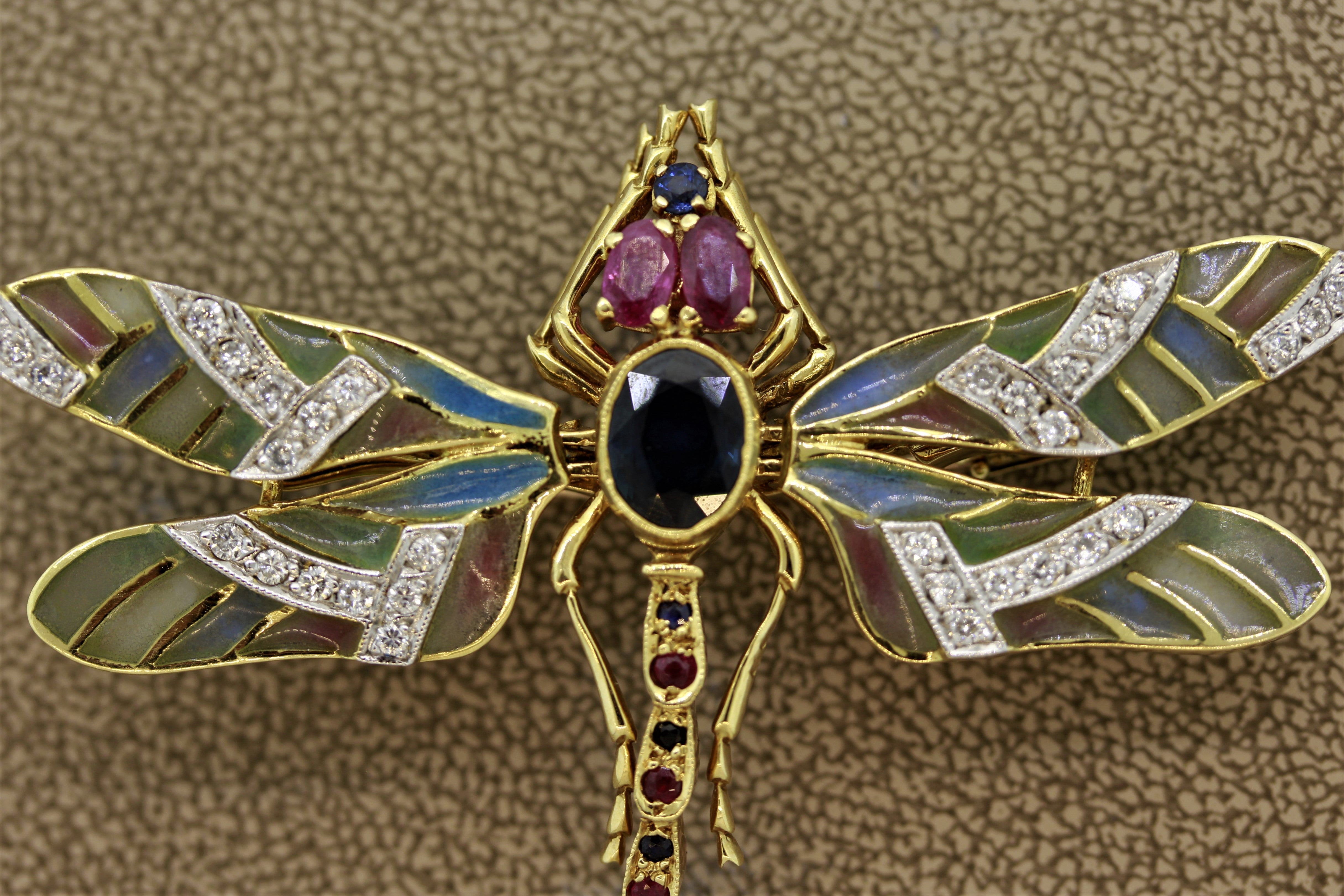 Plique-a-Jour Enamel Diamond Sapphire Ruby Gold Dragonfly Brooch