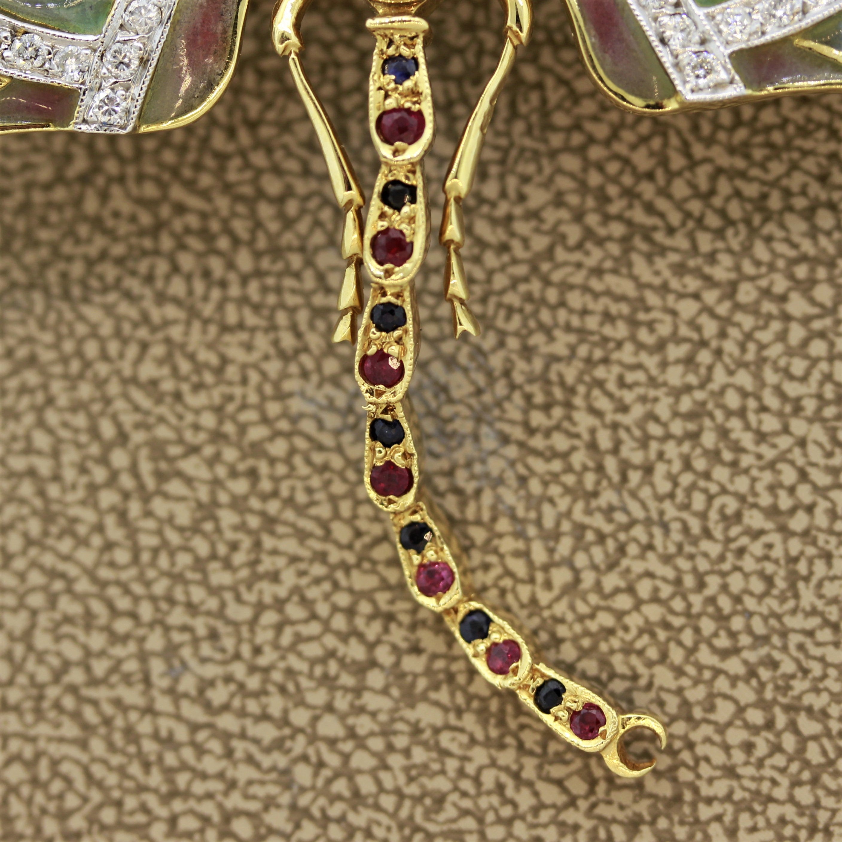 Plique-a-Jour Enamel Diamond Sapphire Ruby Gold Dragonfly Brooch