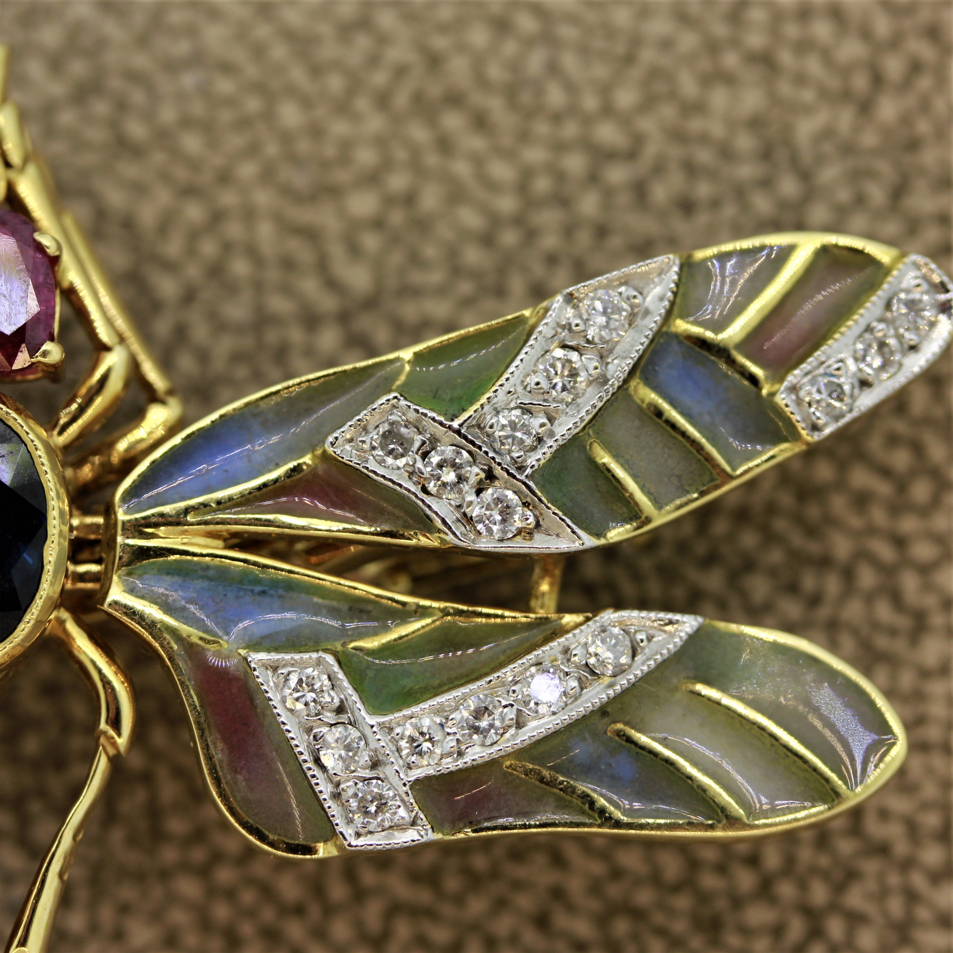 Plique-a-Jour Enamel Diamond Sapphire Ruby Gold Dragonfly Brooch