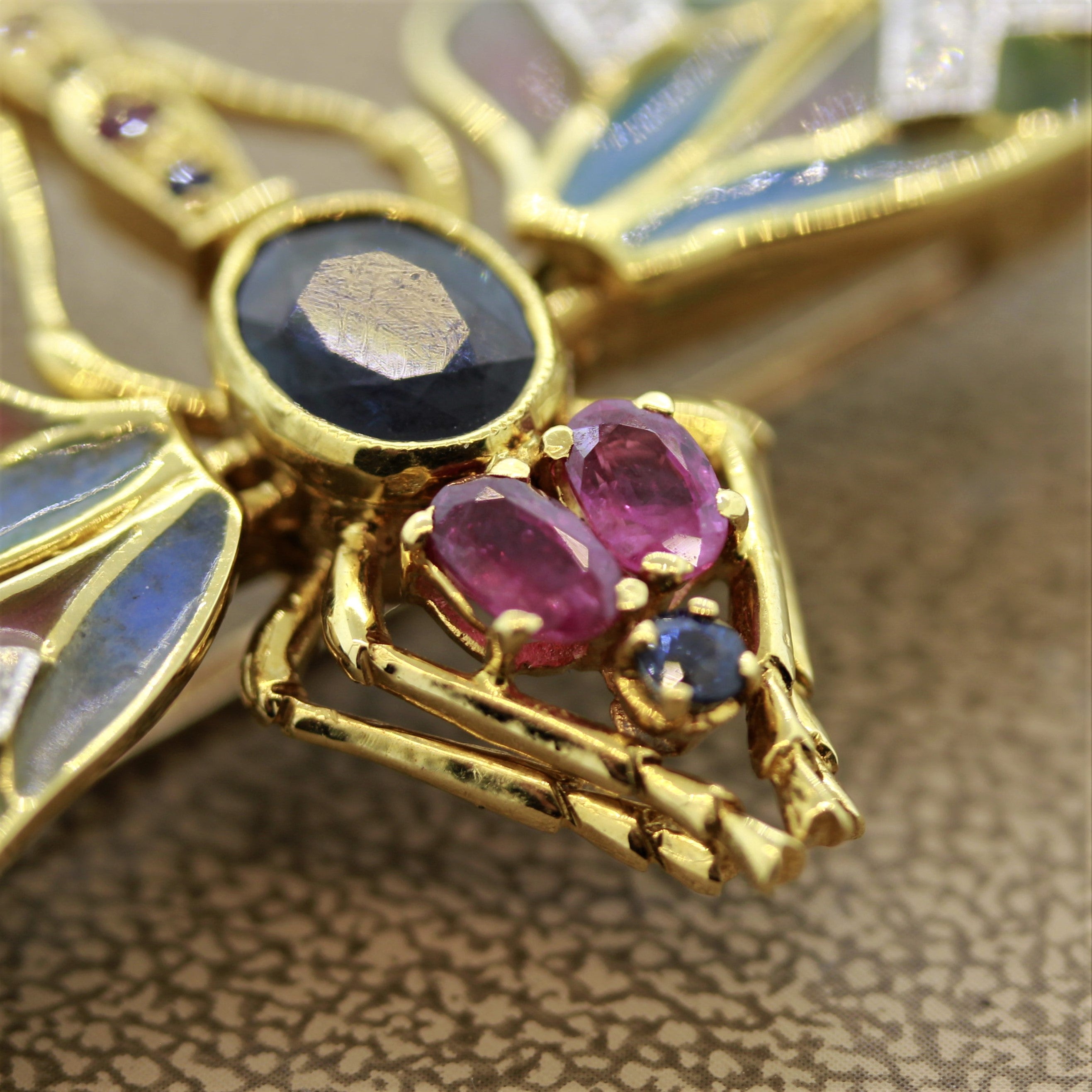 Plique-a-Jour Enamel Diamond Sapphire Ruby Gold Dragonfly Brooch