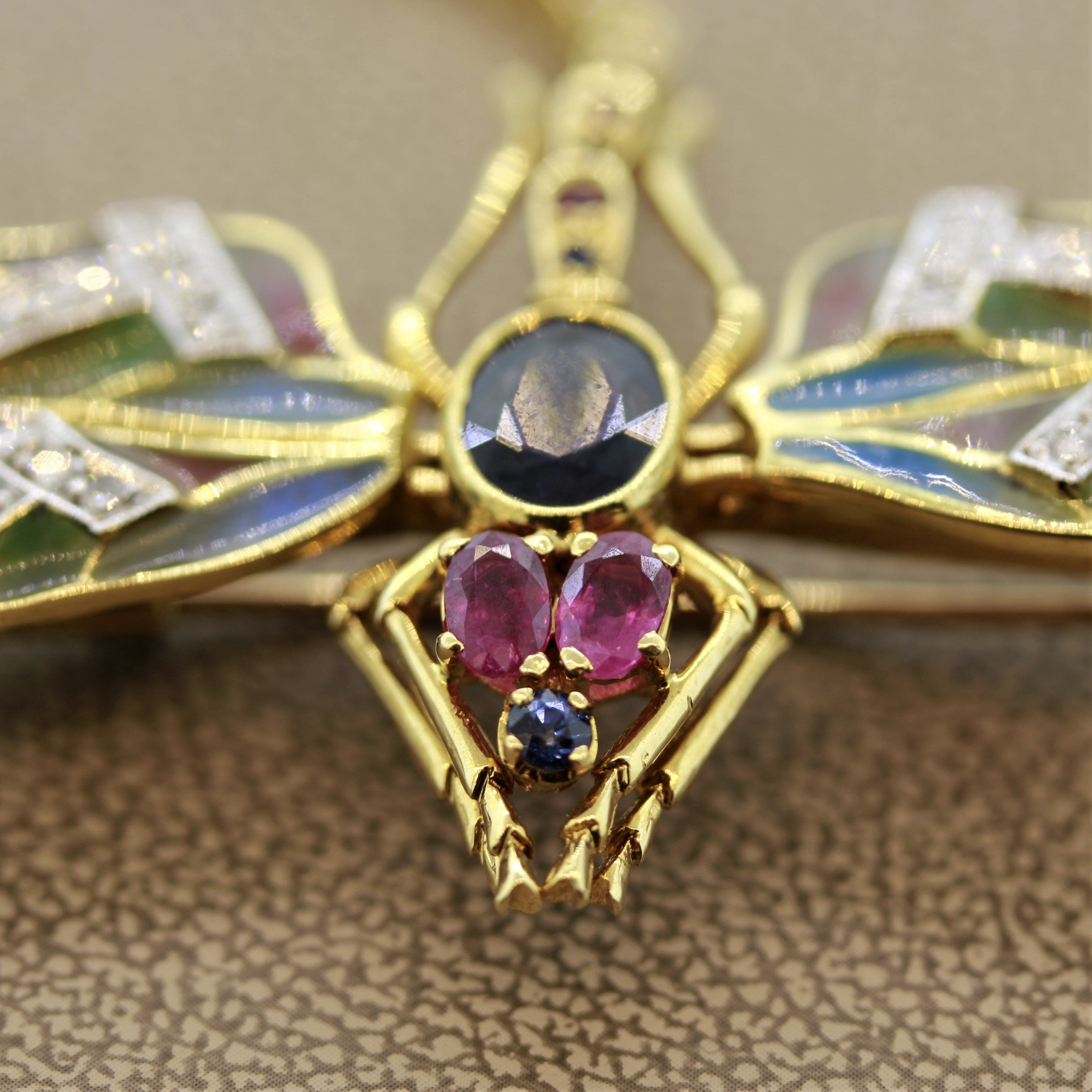 Plique-a-Jour Enamel Diamond Sapphire Ruby Gold Dragonfly Brooch