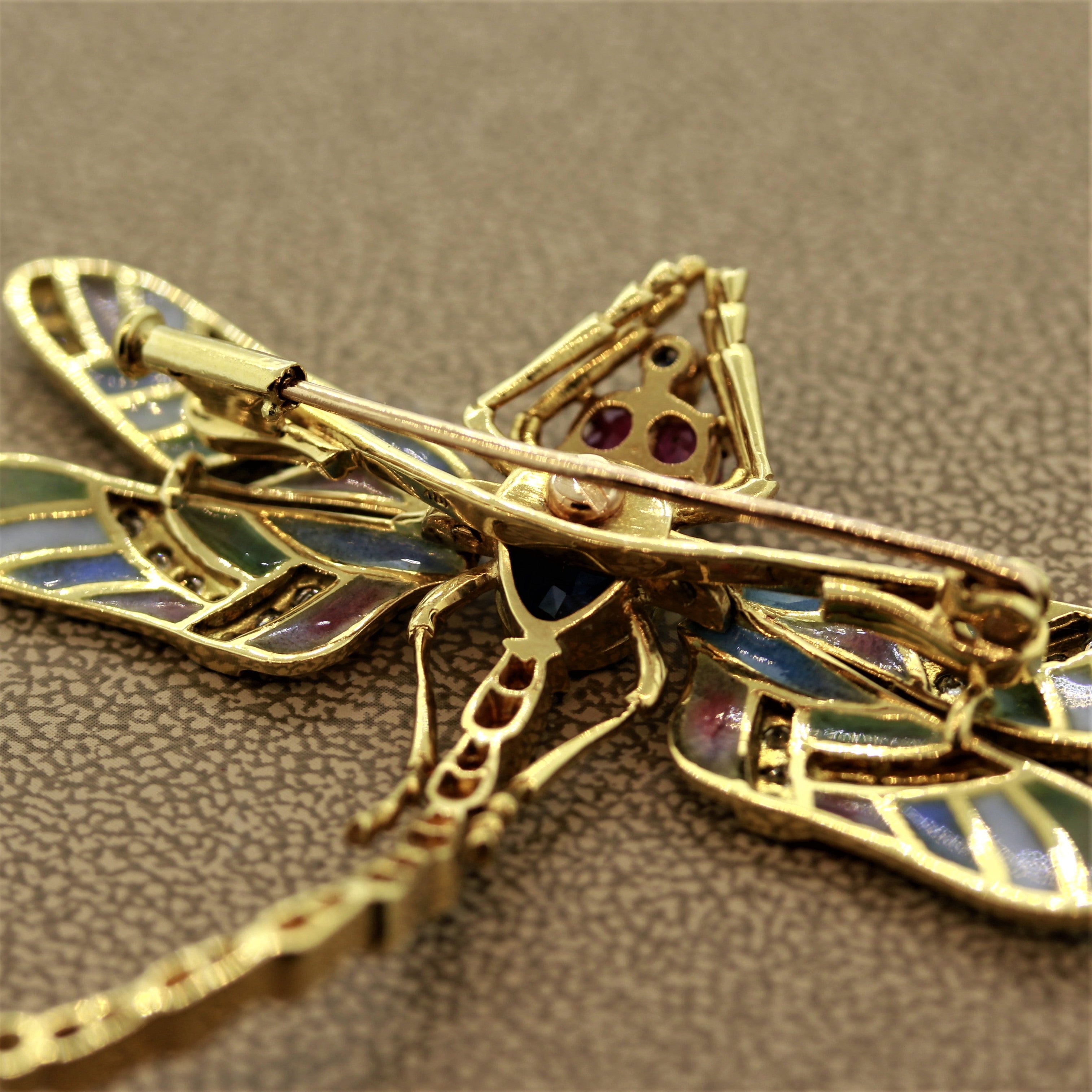 Plique-a-Jour Enamel Diamond Sapphire Ruby Gold Dragonfly Brooch