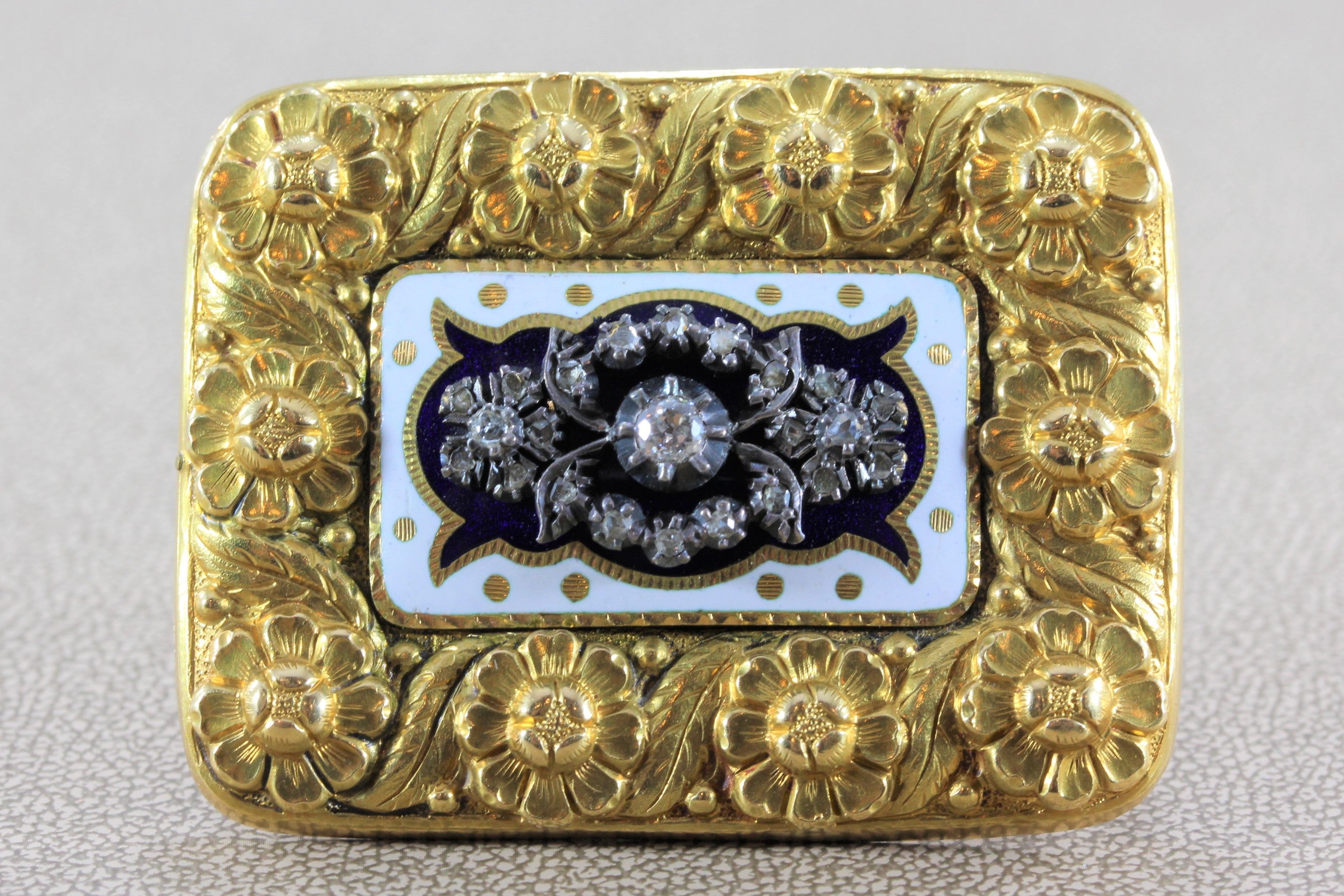 Victorian Diamond Enamel Gold Floral Brooch