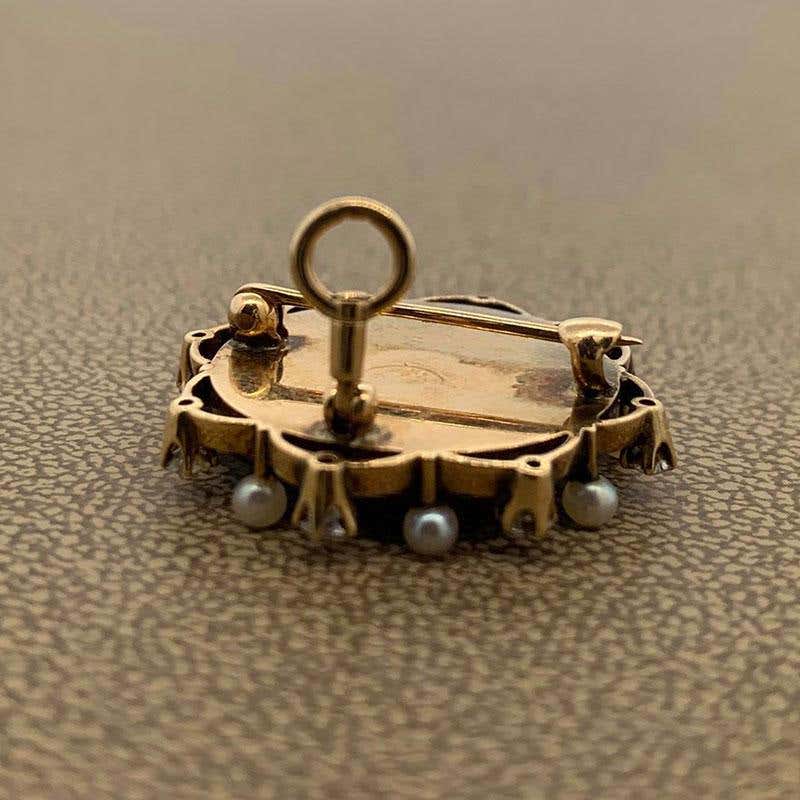 Victorian Porcelain Diamond Seed Pearl Gold Brooch and Pendant