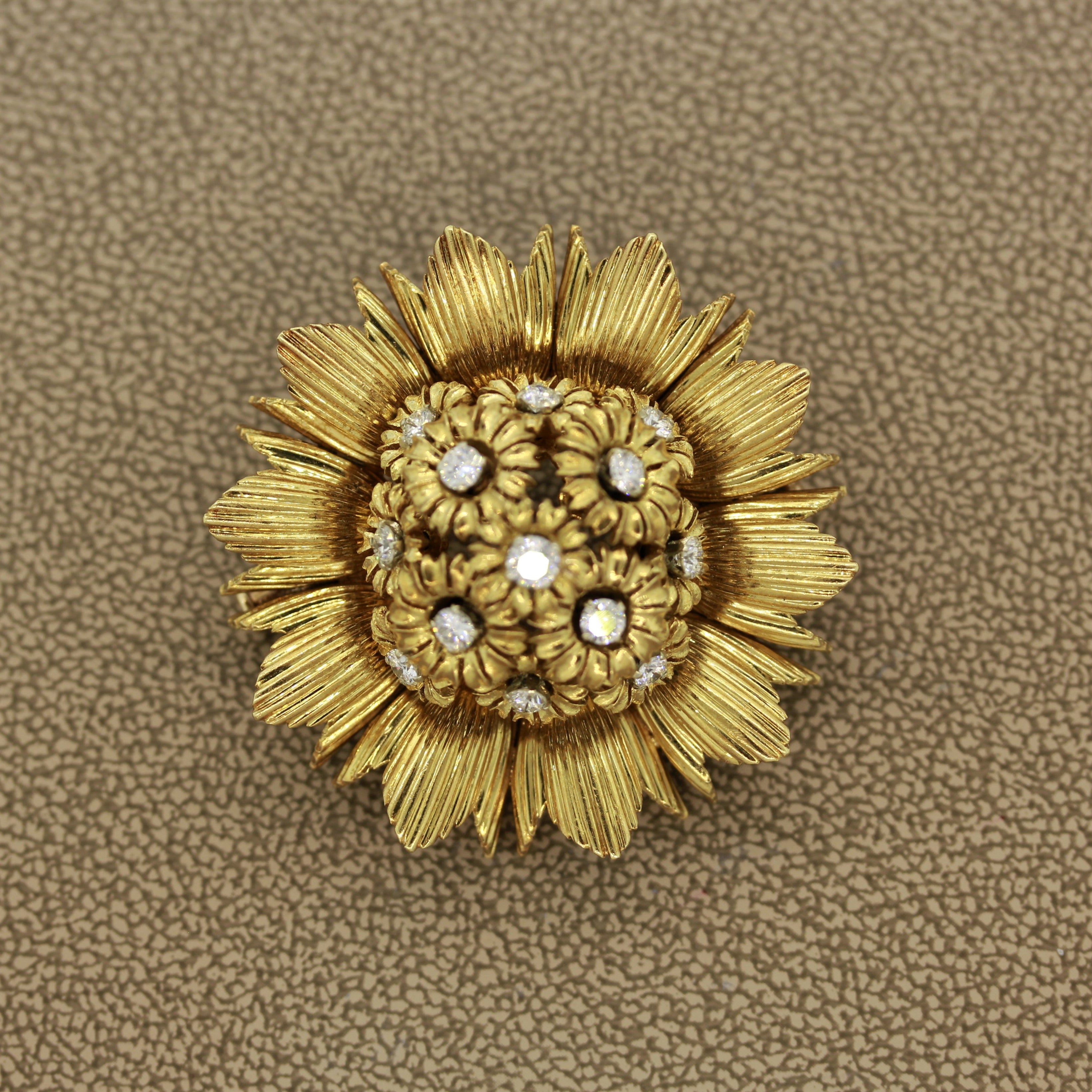 French Diamond Gold Sunflower Brooch