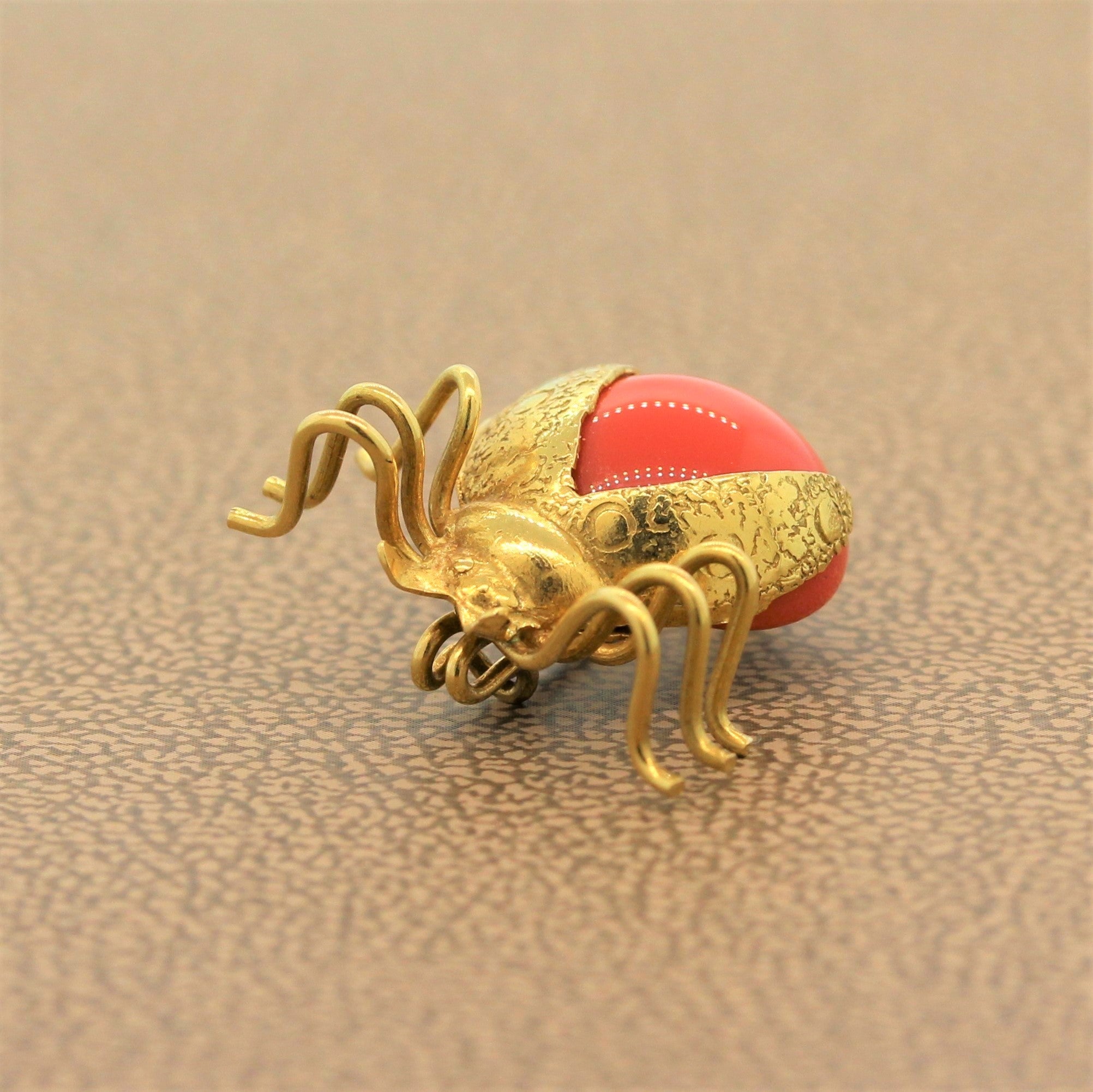 Vintage Coral Gold Ladybug Brooch Pendant