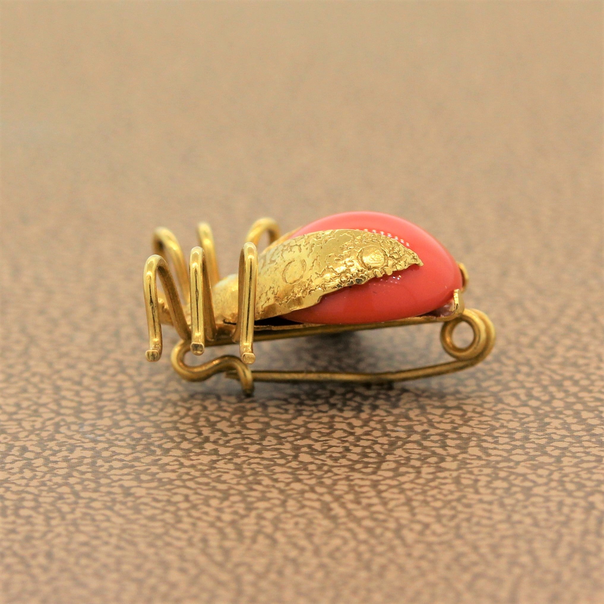 Vintage Coral Gold Ladybug Brooch Pendant
