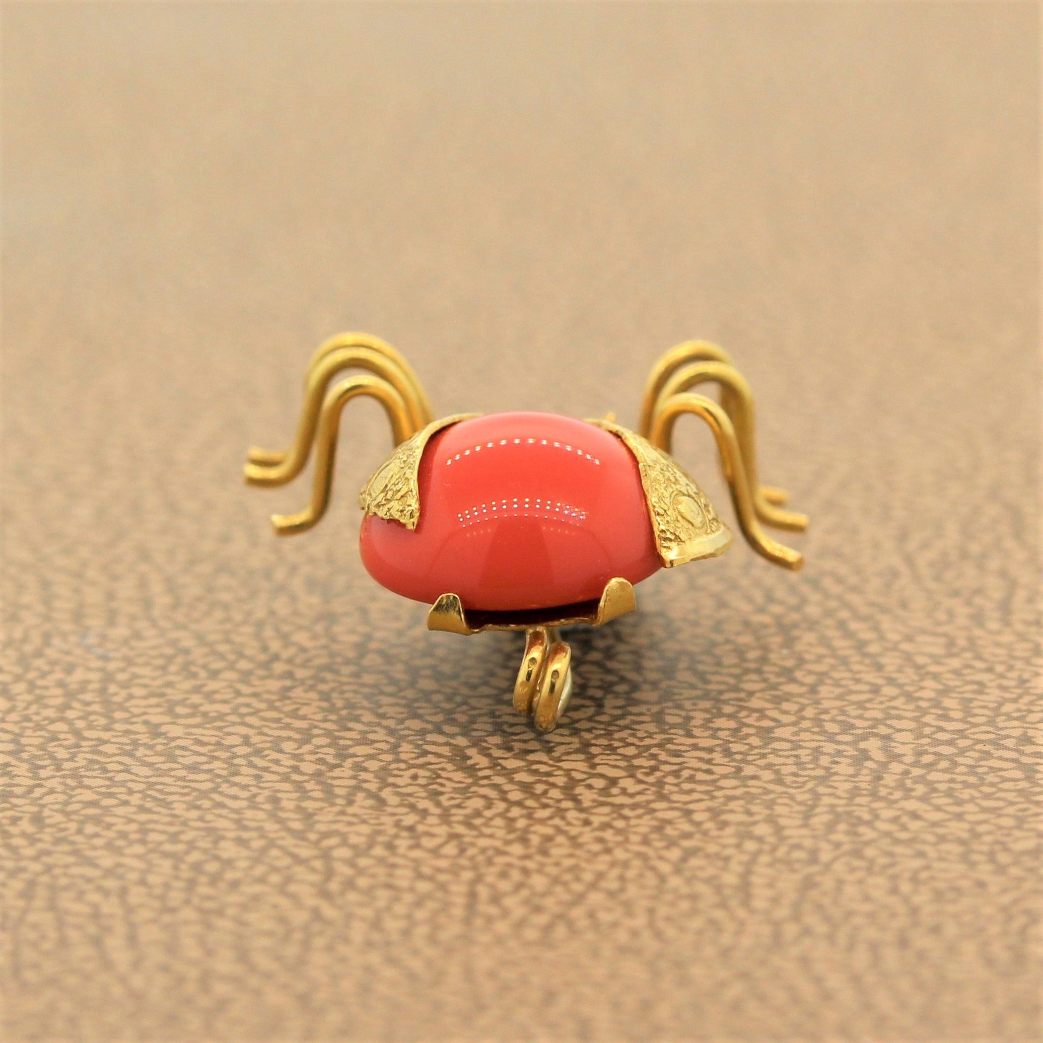 Vintage Coral Gold Ladybug Brooch Pendant