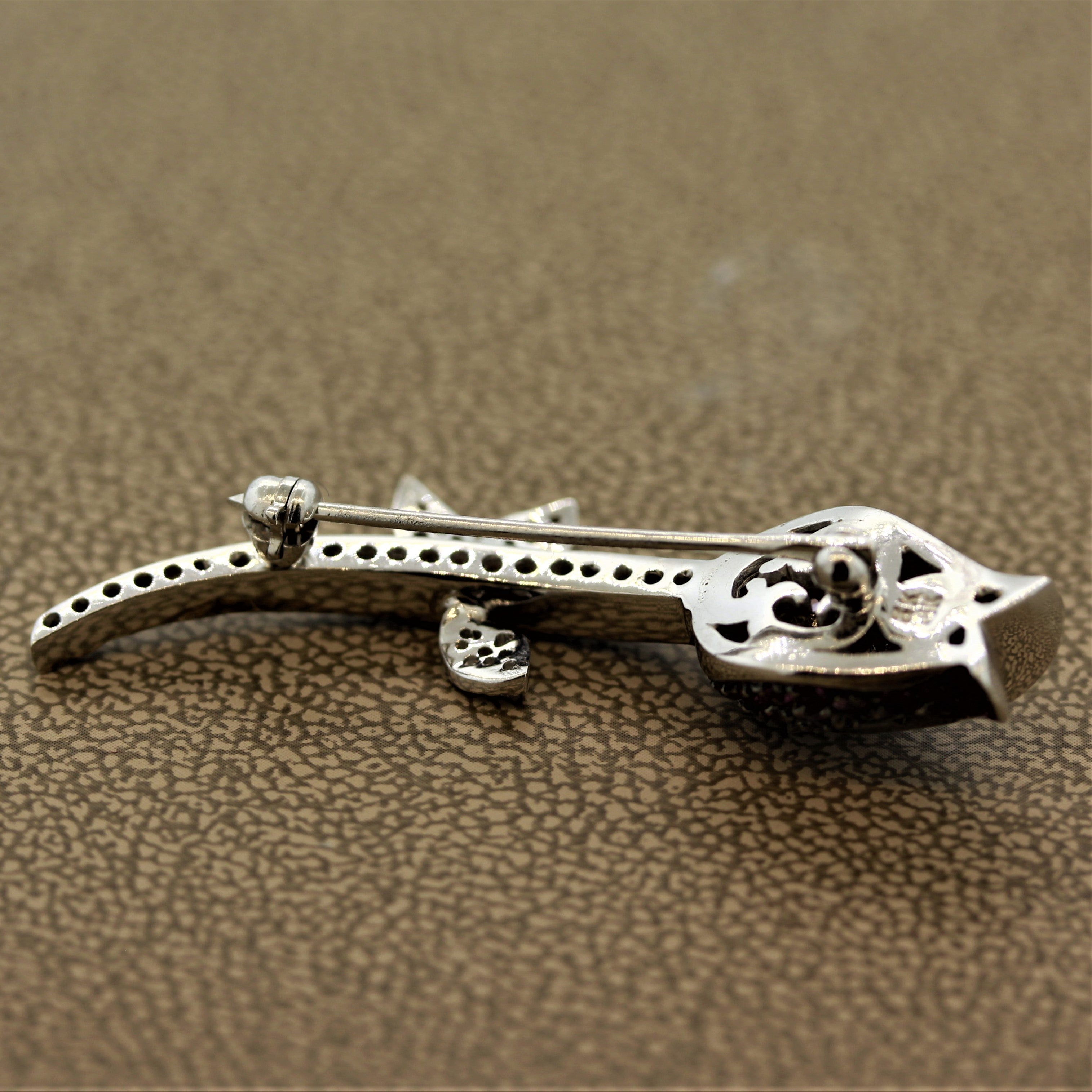 Pink Sapphire Black & White Diamond Gold Flower Pin Brooch