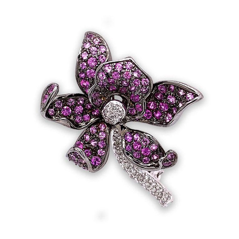 Diamond Pink Sapphire Gold Orchid Pin Brooch