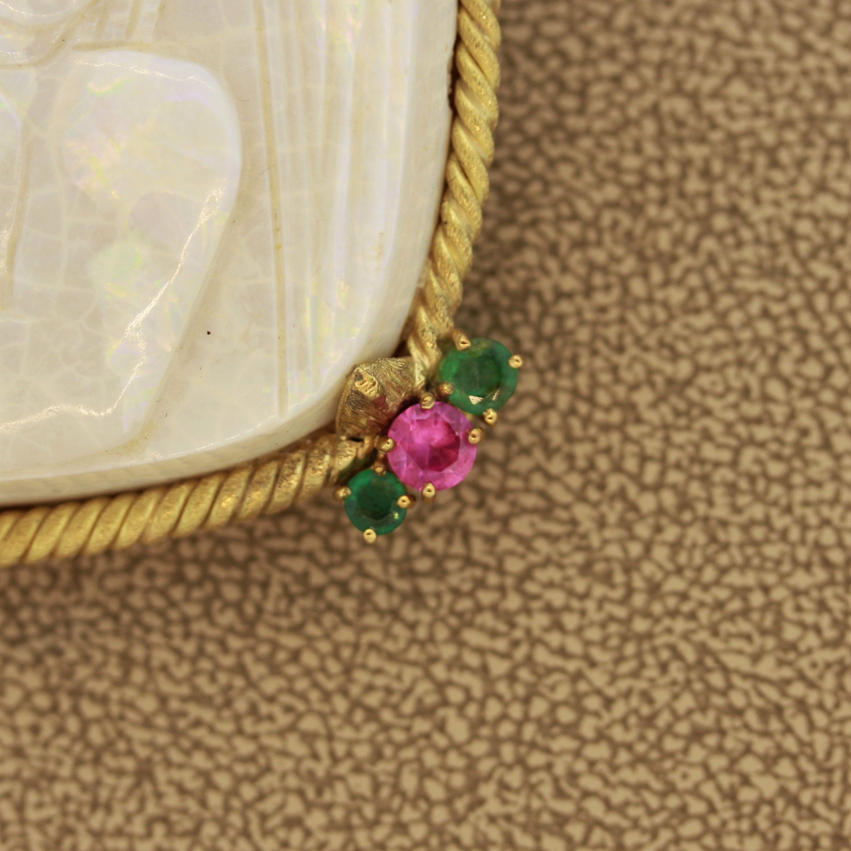 Australian White Opal Turquoise Ruby Emerald Gold Egyptian-Style Carving Pendant