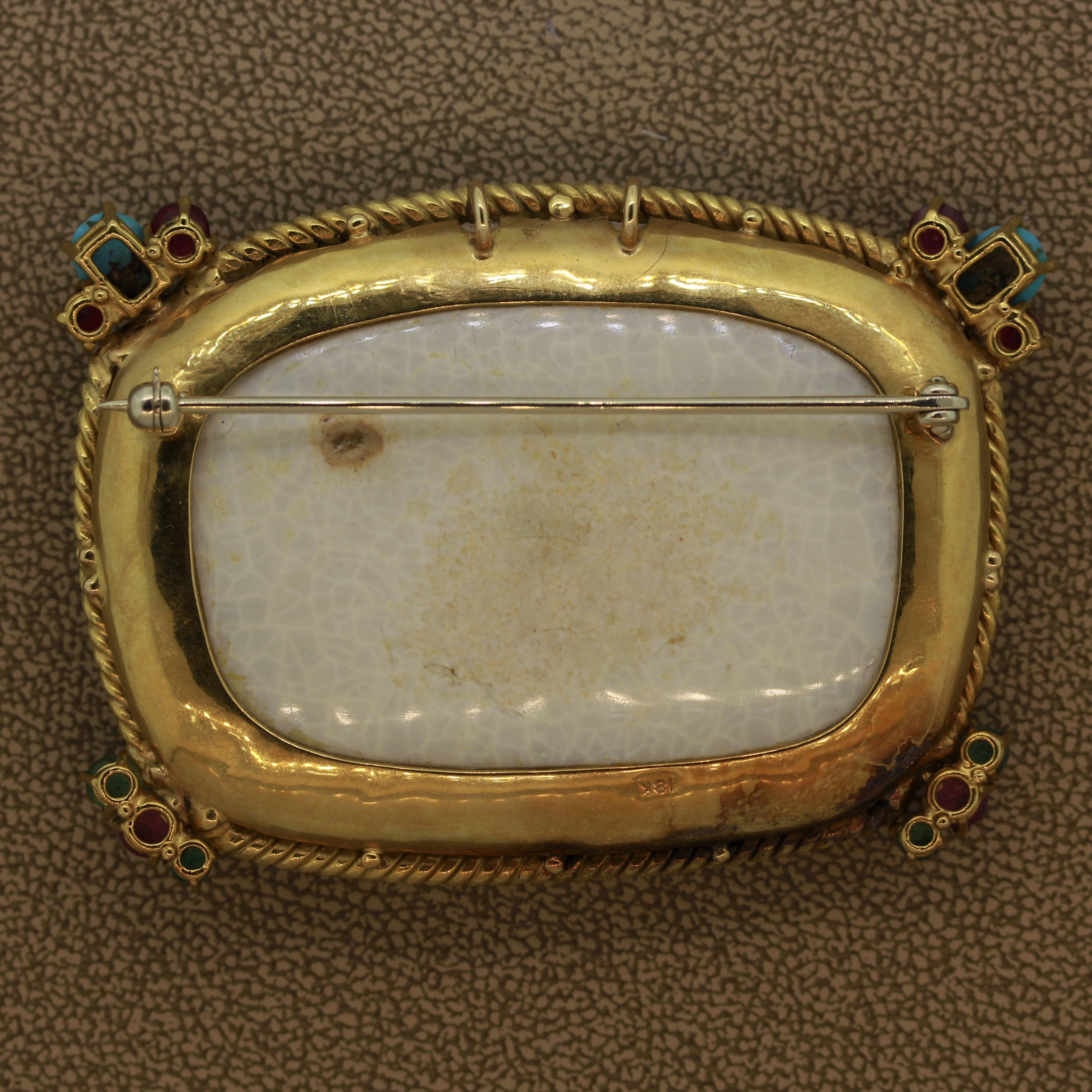 Australian White Opal Turquoise Ruby Emerald Gold Egyptian-Style Carving Pendant