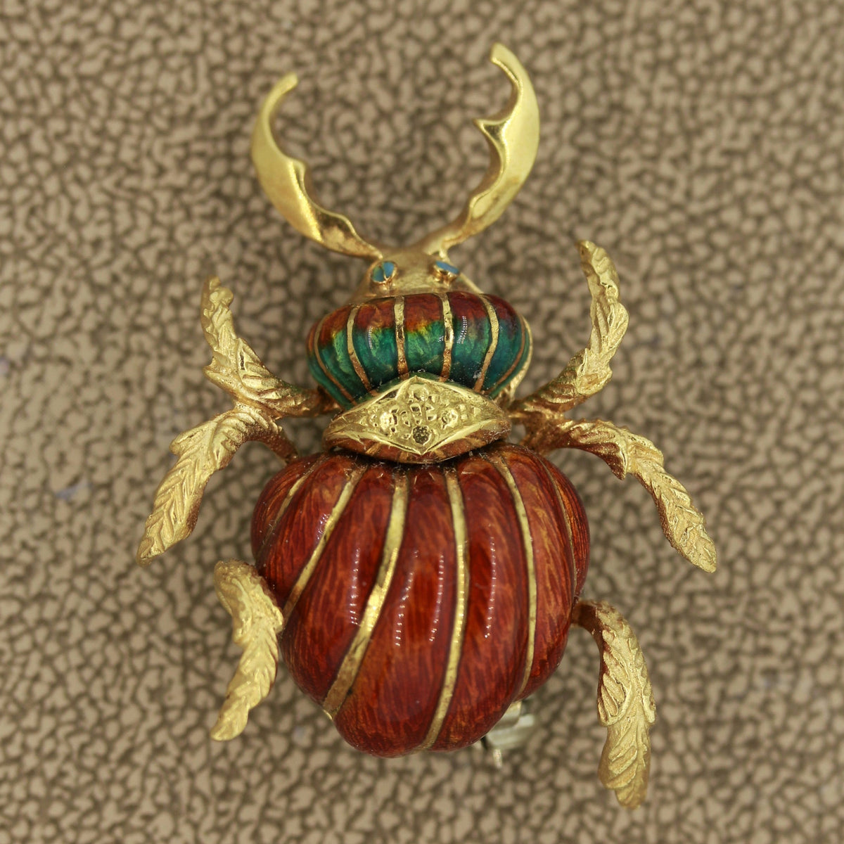 Mid-Century Italian Enameled Gold Horned-Beetle Pin Brooch