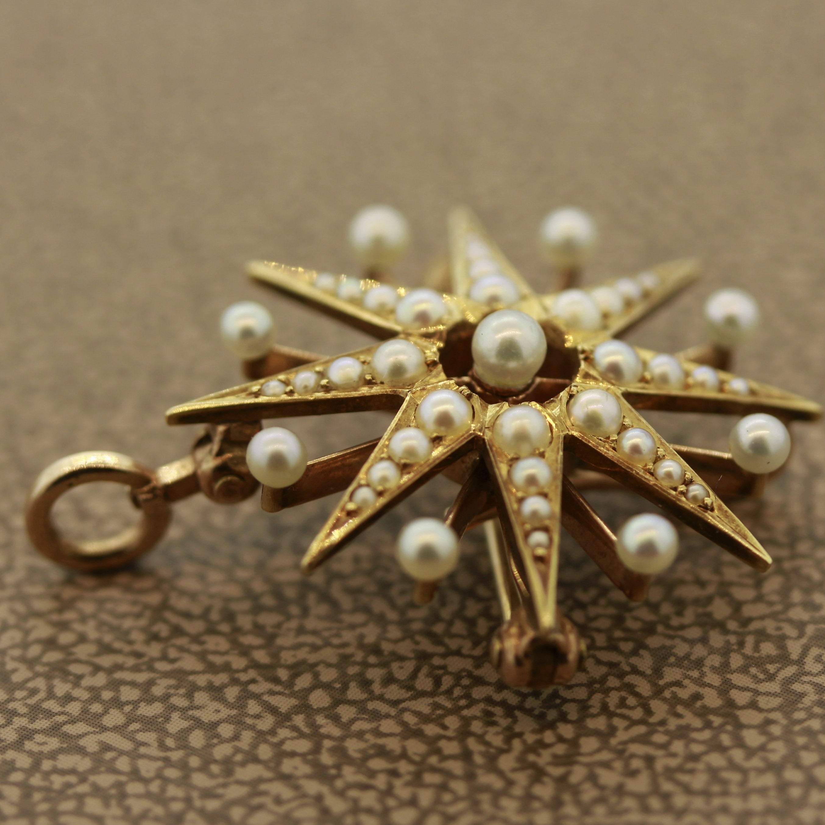 Victorian Seed-Pearl Gold Starburst Pin-Pendant