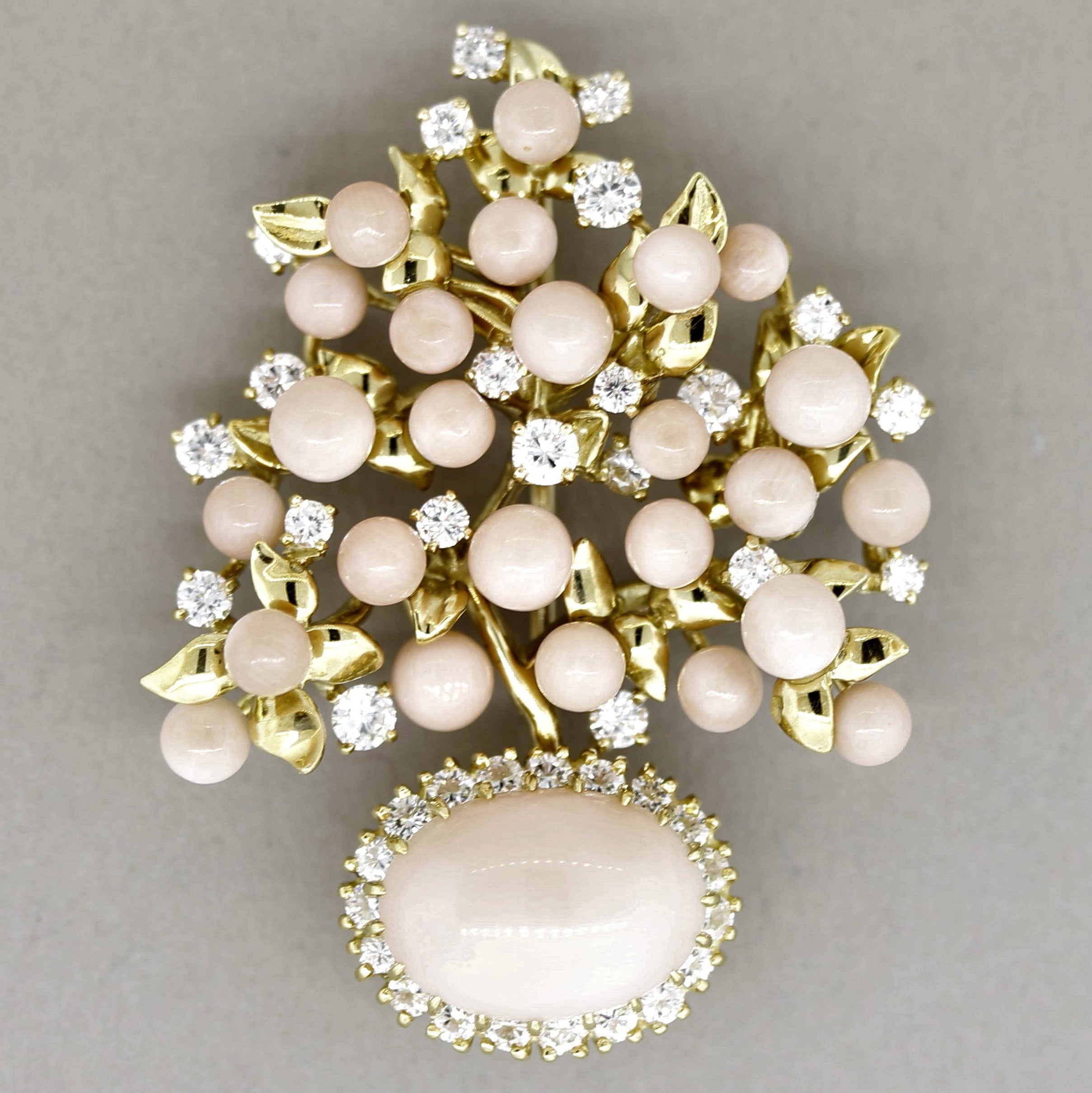 Julius Cohen Angel Skin Coral Diamond Gold Floral Brooch