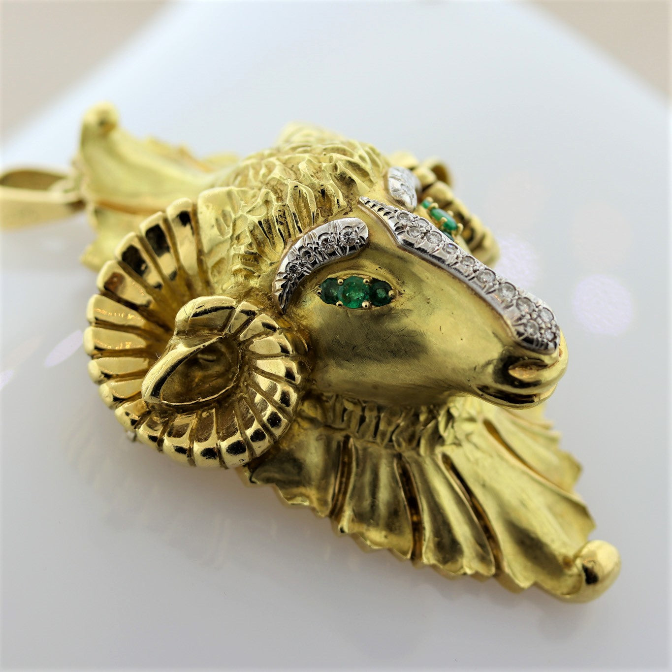 Hammerman Brothers Diamond Emerald Gold Rams Head Pendant-Brooch