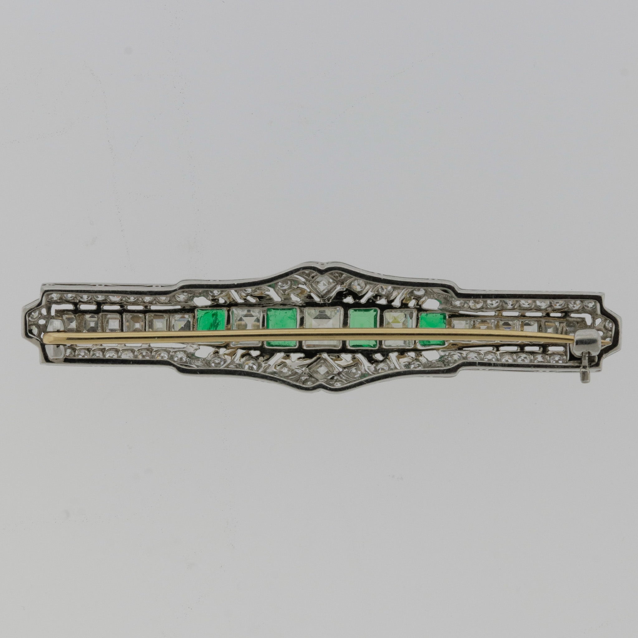 Art Deco Antique Diamond Emerald Platinum Pin Brooch