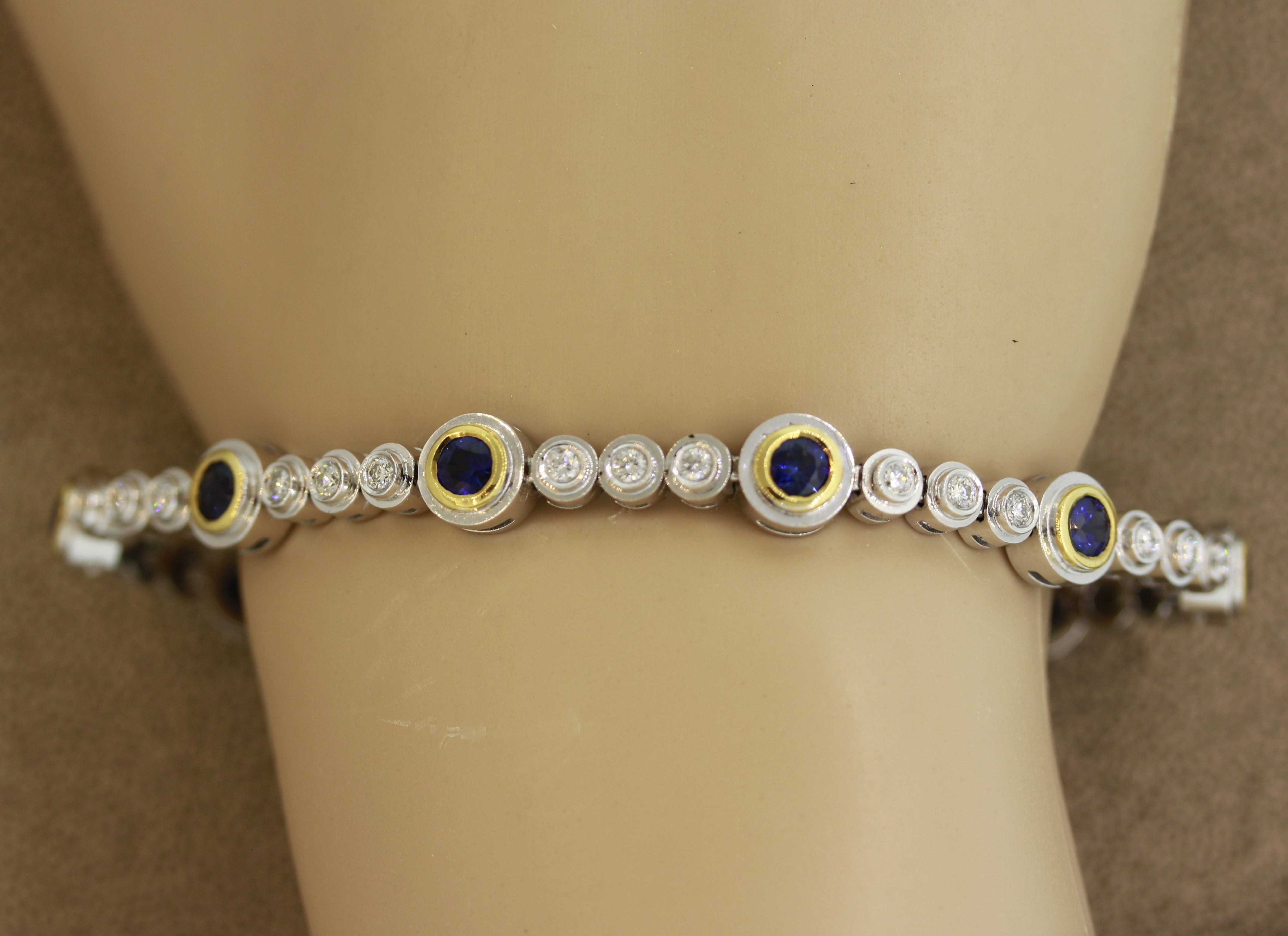 Modern Blue Sapphire Diamond Gold Tennis Bracelet