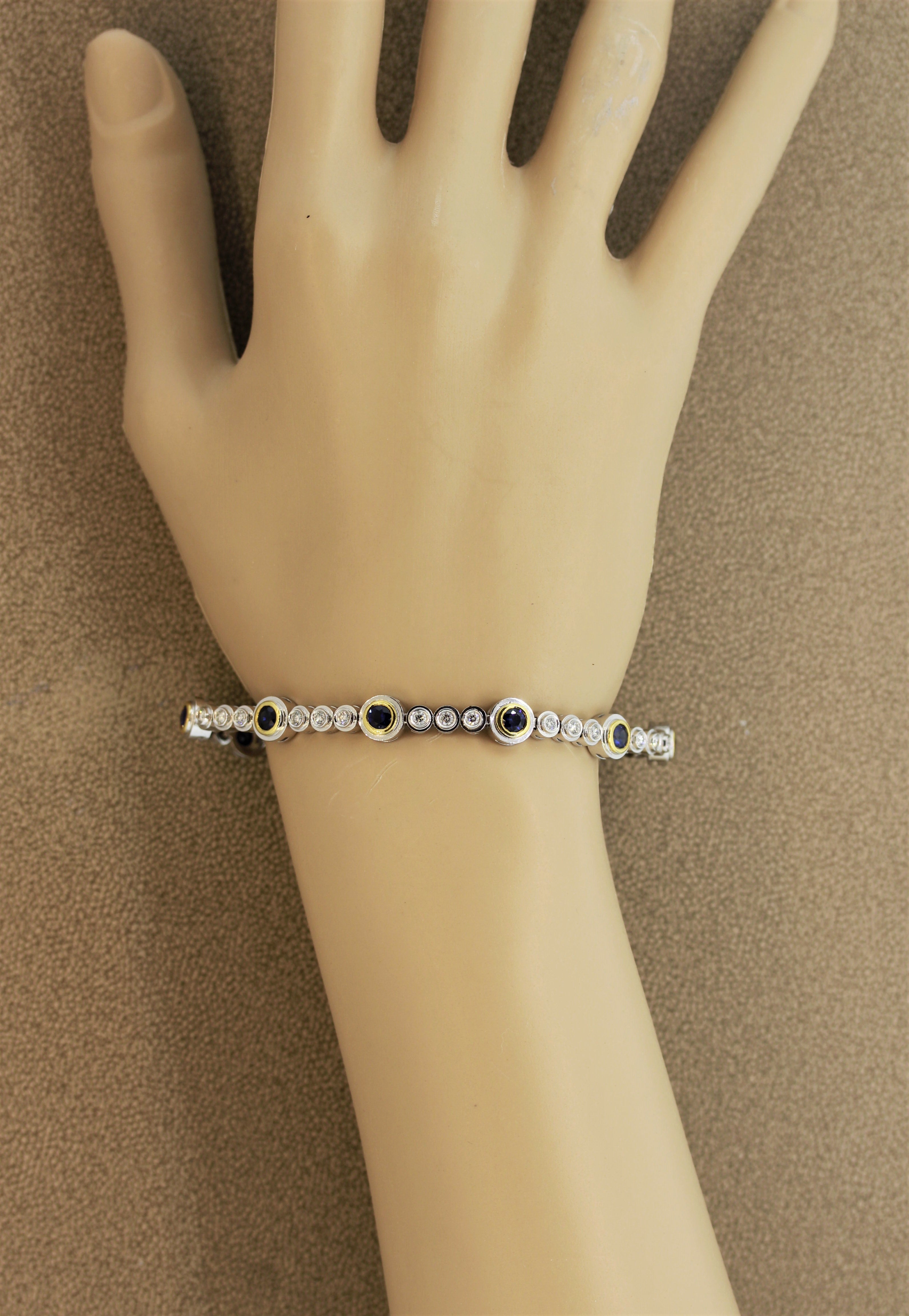 Modern Blue Sapphire Diamond Gold Tennis Bracelet