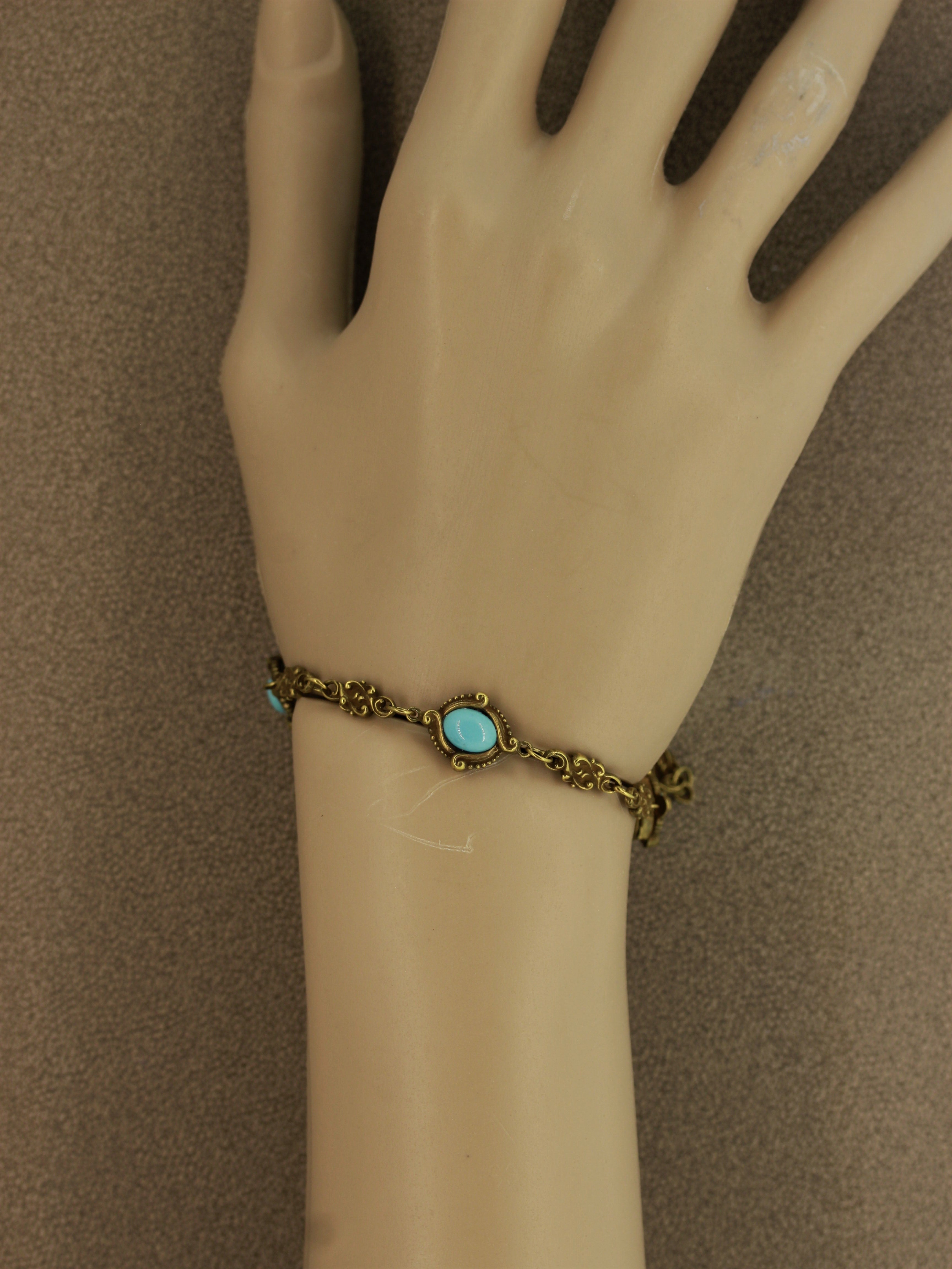 Art Nouveau Antique Turquoise Gold Filigree Bracelet