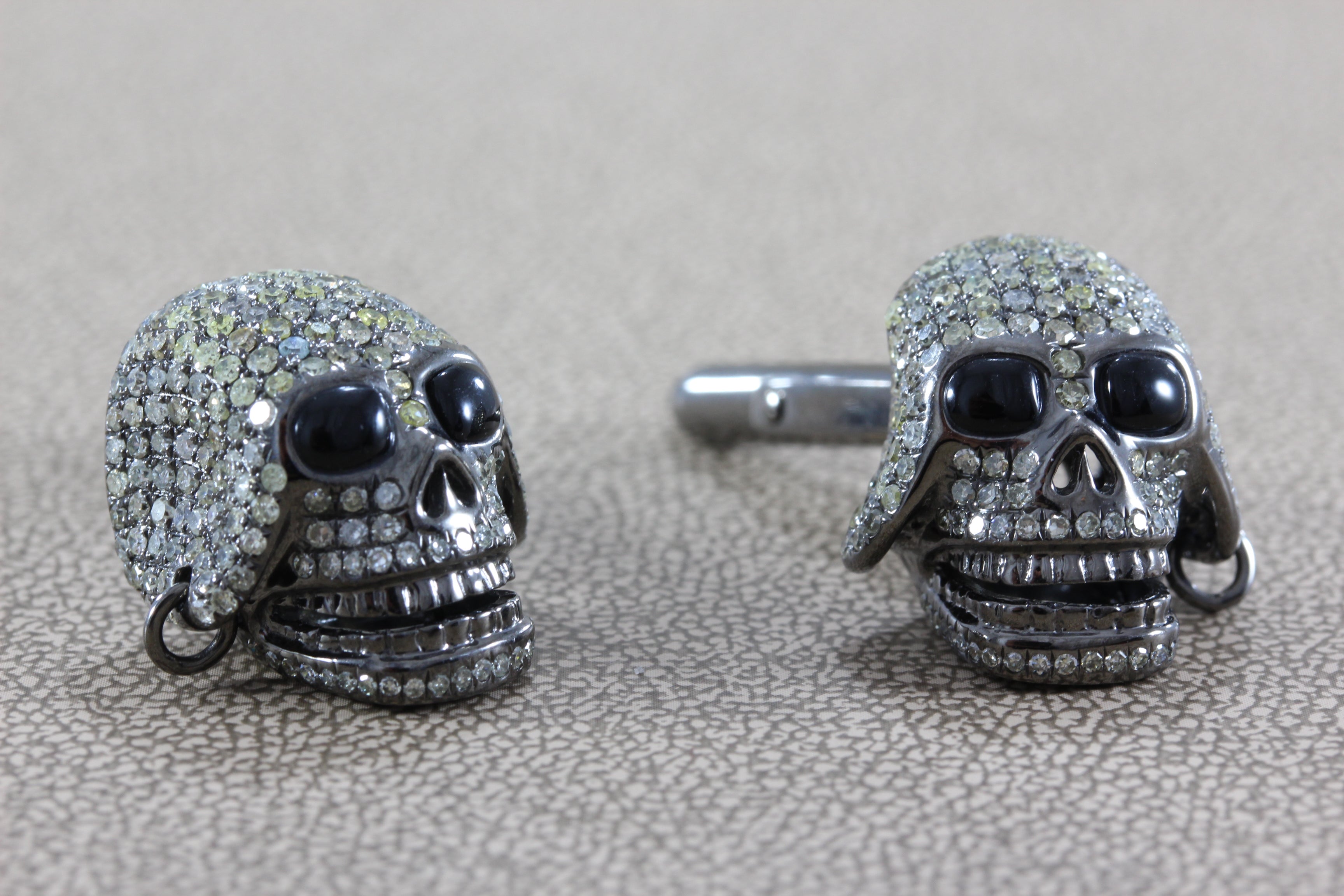 Pirate Skull Diamond Onyx Gold Cufflinks