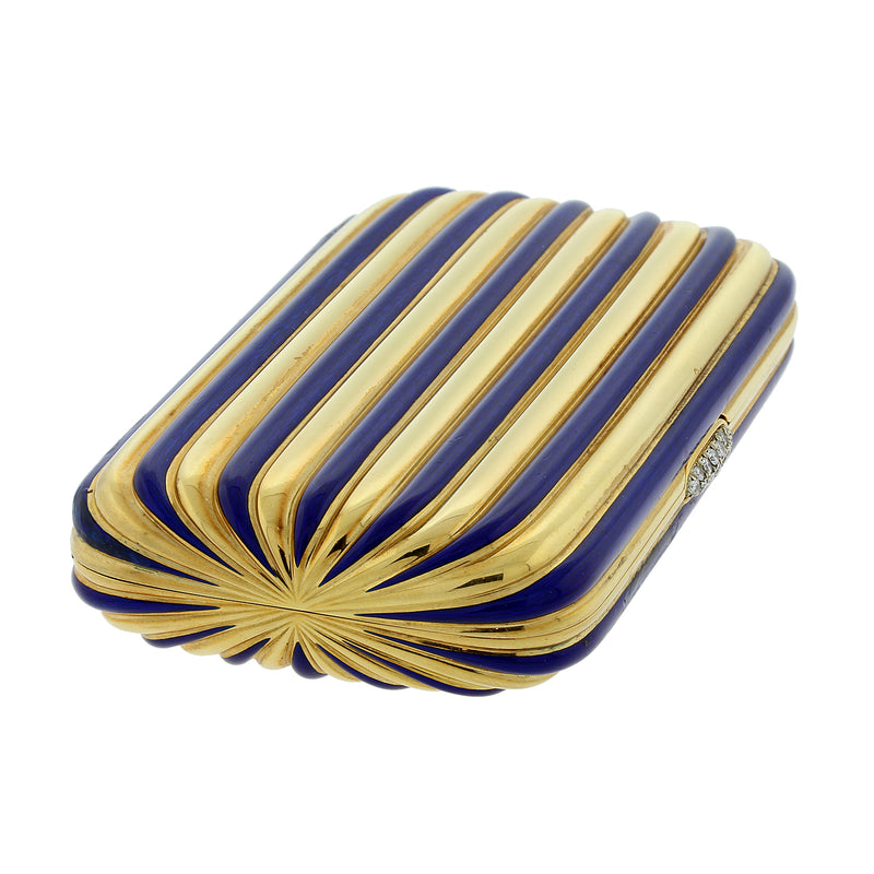 Vintage Diamond Gold Blue Enamel Stripes Multi-Use Case Compact