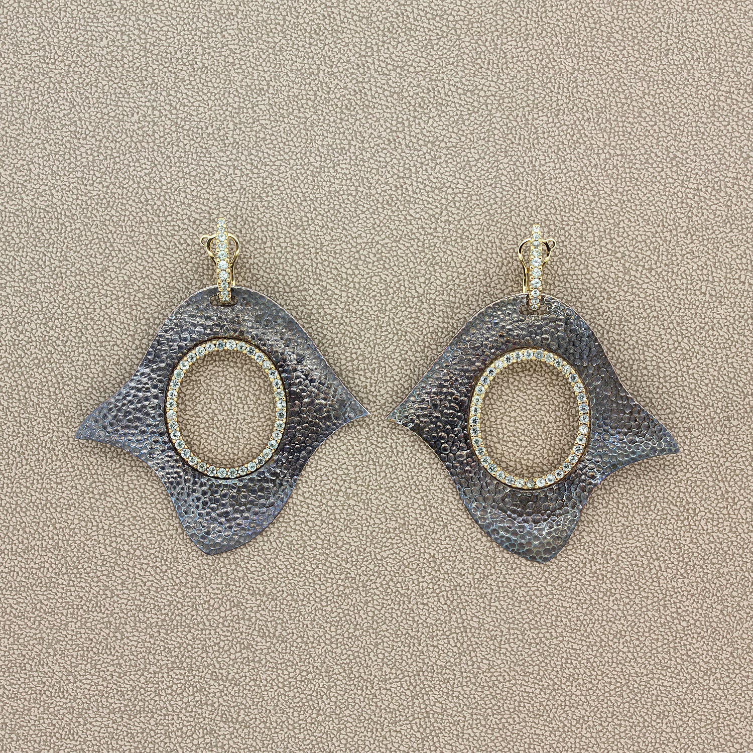 Green Amethyst Hammered Silver Gold Drop Earrings