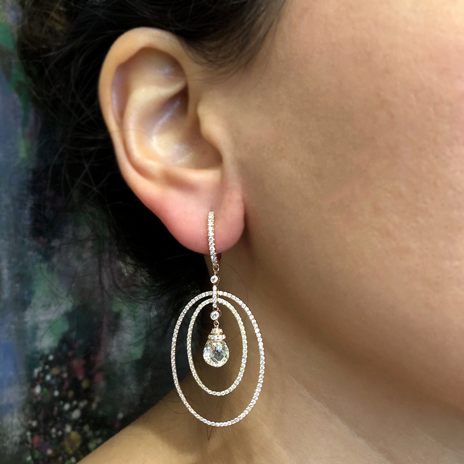 Magnificent Briolette and Pave Diamond Circle Gold Drop Earrings