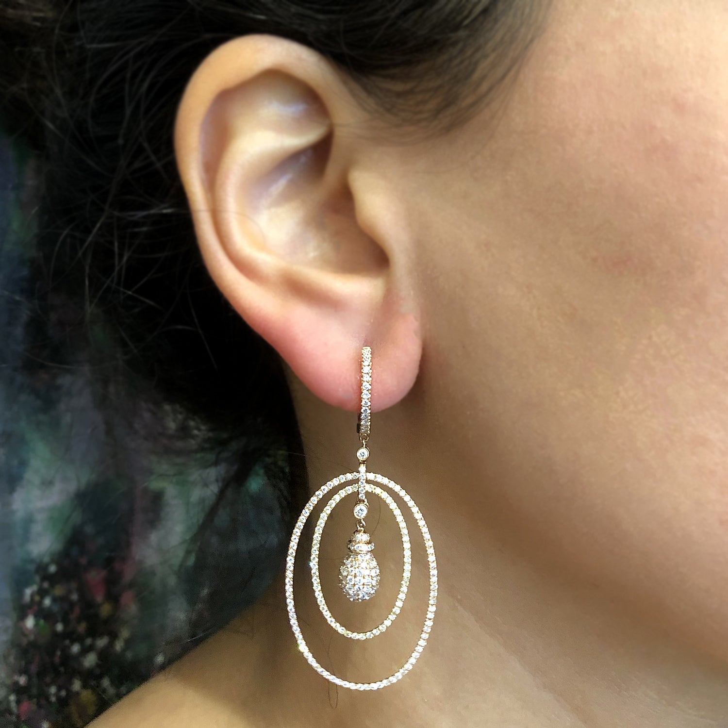 Magnificent Briolette and Pave Diamond Circle Gold Drop Earrings