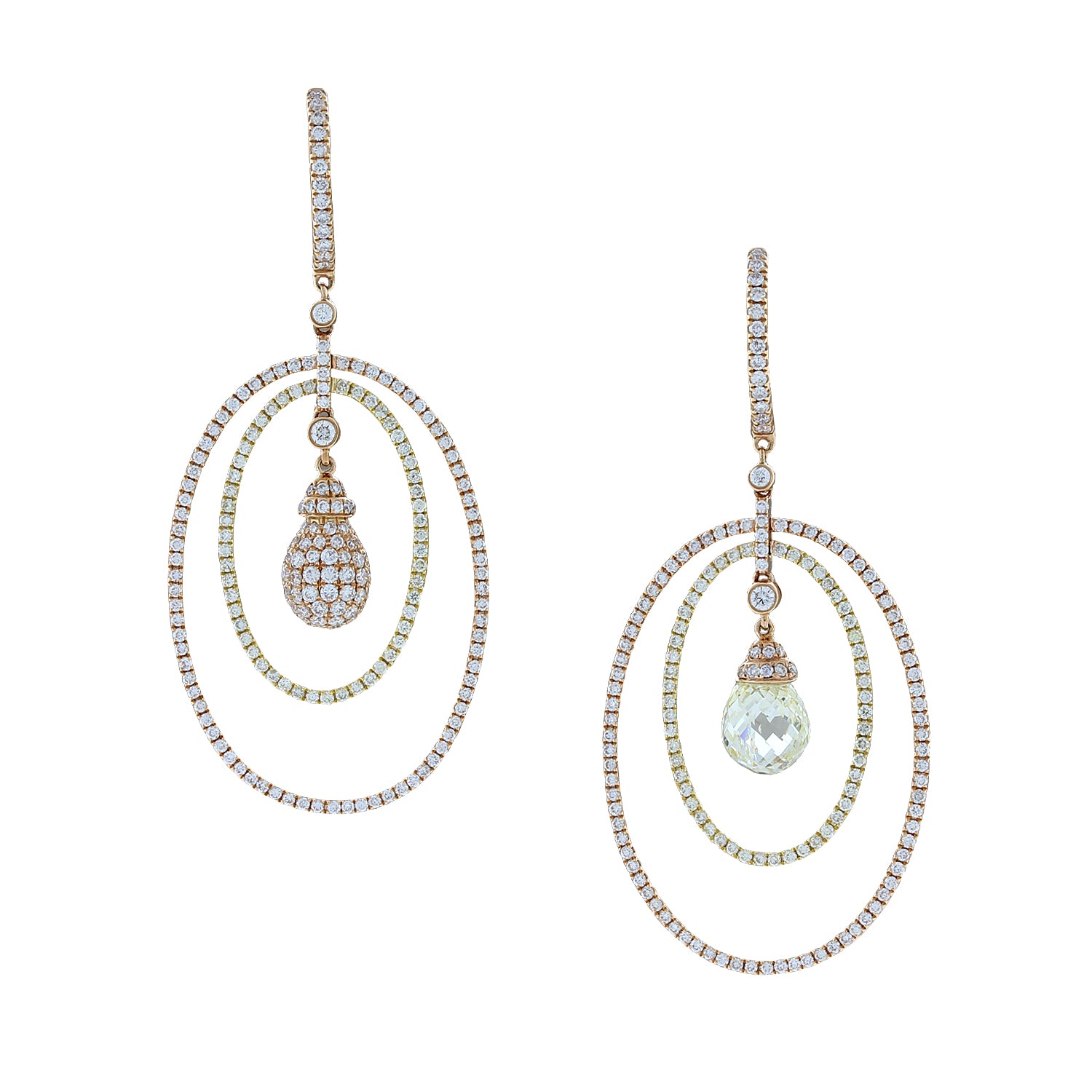 Magnificent Briolette and Pave Diamond Circle Gold Drop Earrings