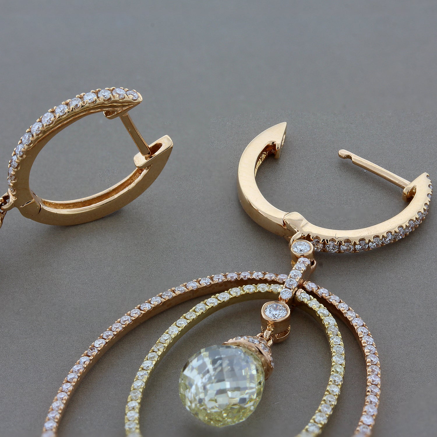 Magnificent Briolette and Pave Diamond Circle Gold Drop Earrings