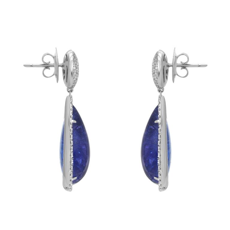 Cabochon Tanzanite Diamond Gold Drop Earrings