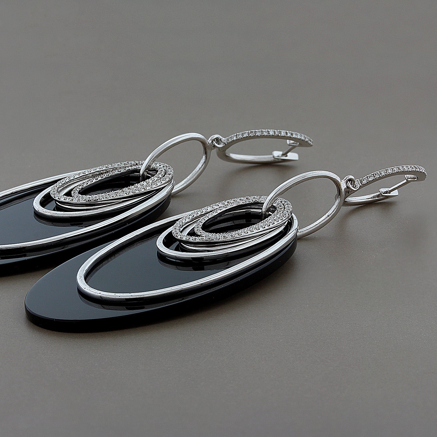 Modern Italian Onyx Diamond Gold Multi Hoop Drop Earrings