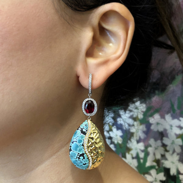 Turquoise Rubelite Tourmaline Diamond Gold Drop Earrings