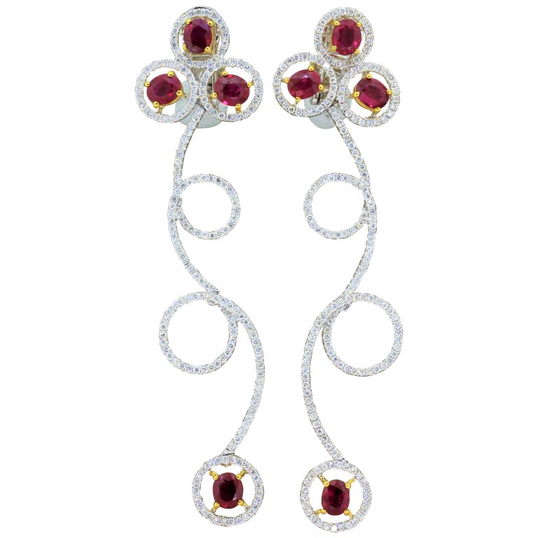 Ruby Diamond Gold Drop Spiral Earrings