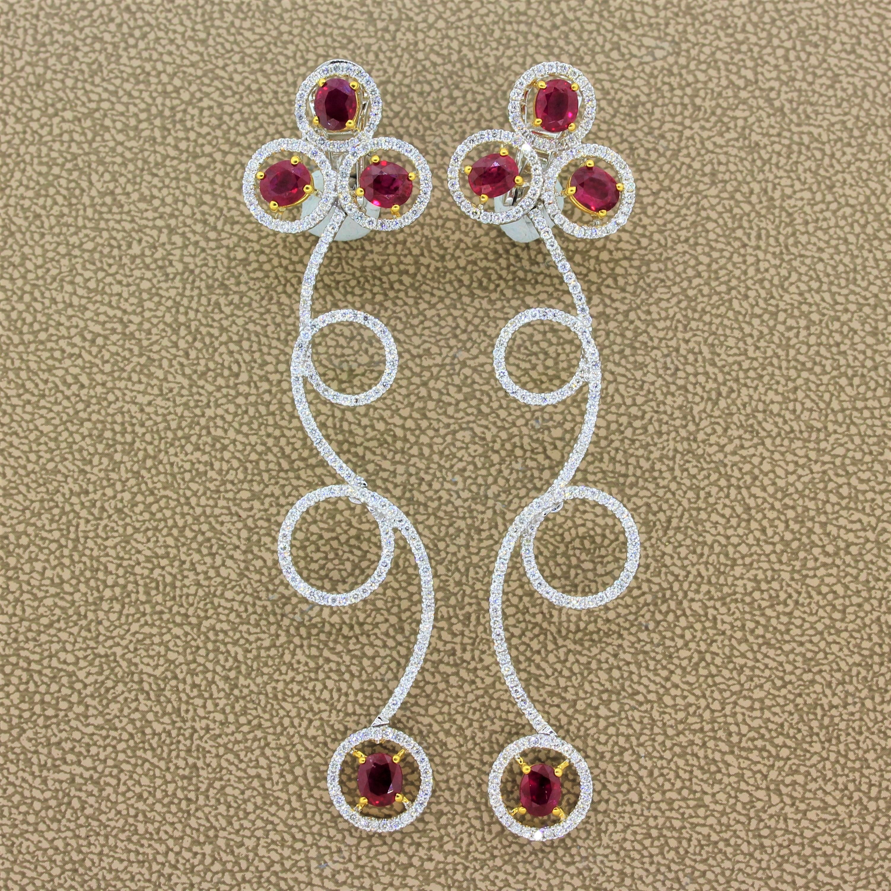 Ruby Diamond Gold Drop Spiral Earrings