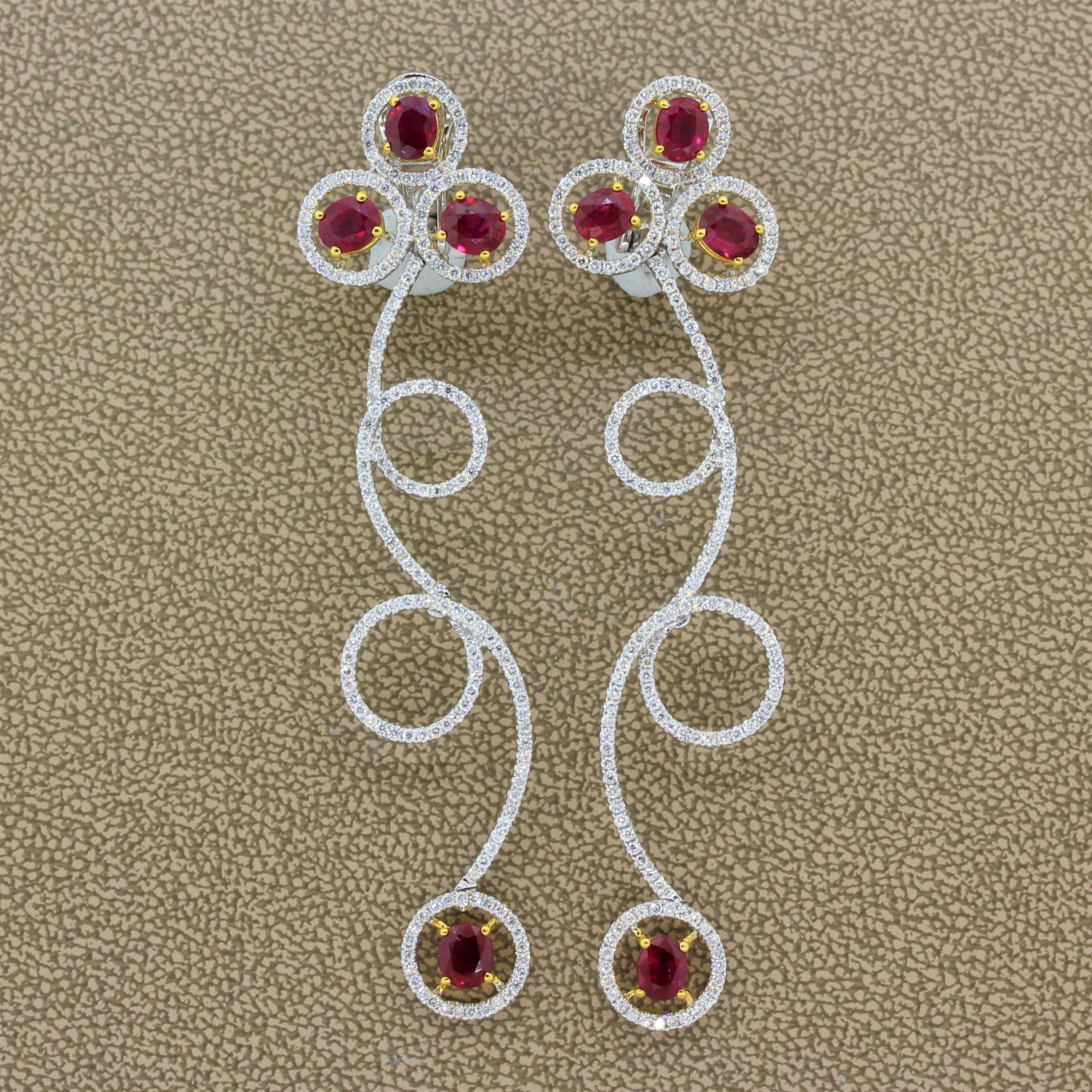 Ruby Diamond Gold Drop Spiral Earrings